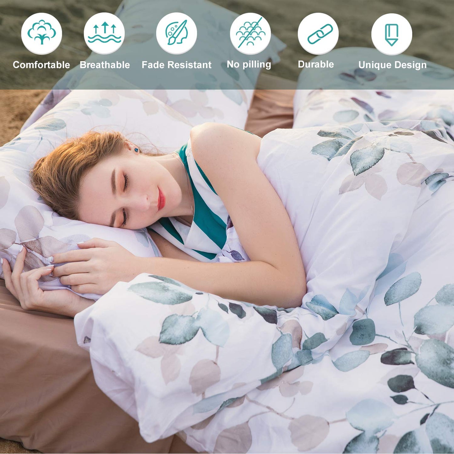 MILDLY Floral Duvet Cover Set - 100% Long-Staple Cotton Green Leaves Pattern Printed Comforter Cover 3pcs Soft Breathable Luxury Lightweigt Bedding for All Season