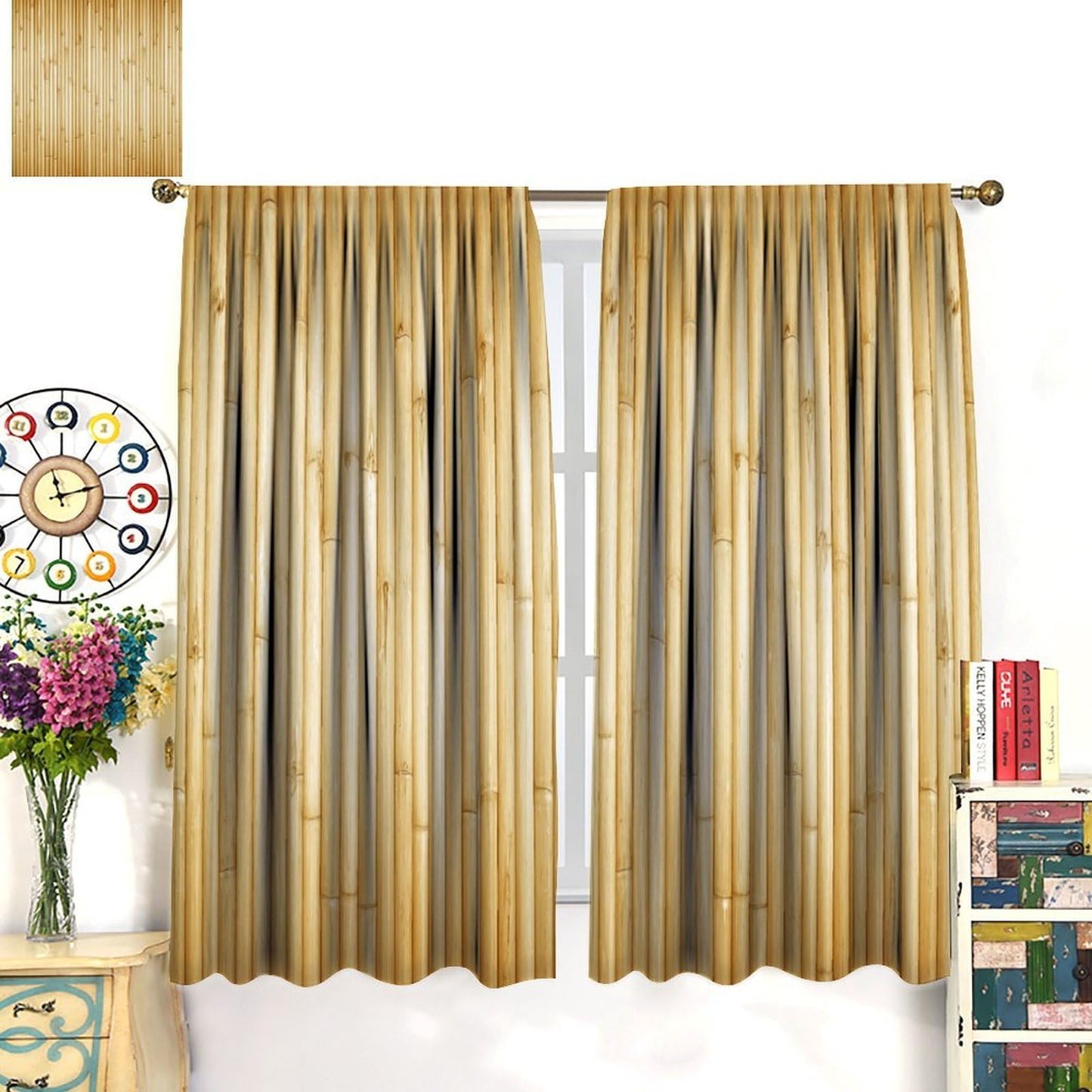 TYVGICZ Bamboo Curtains, Asia Chinese Bamboo Stems Hinese Japanese Style Asian Calligraphy Style Culture Theme Yellow Window Treatments for Living Room Bedroom Drapes, 42x45 Inch