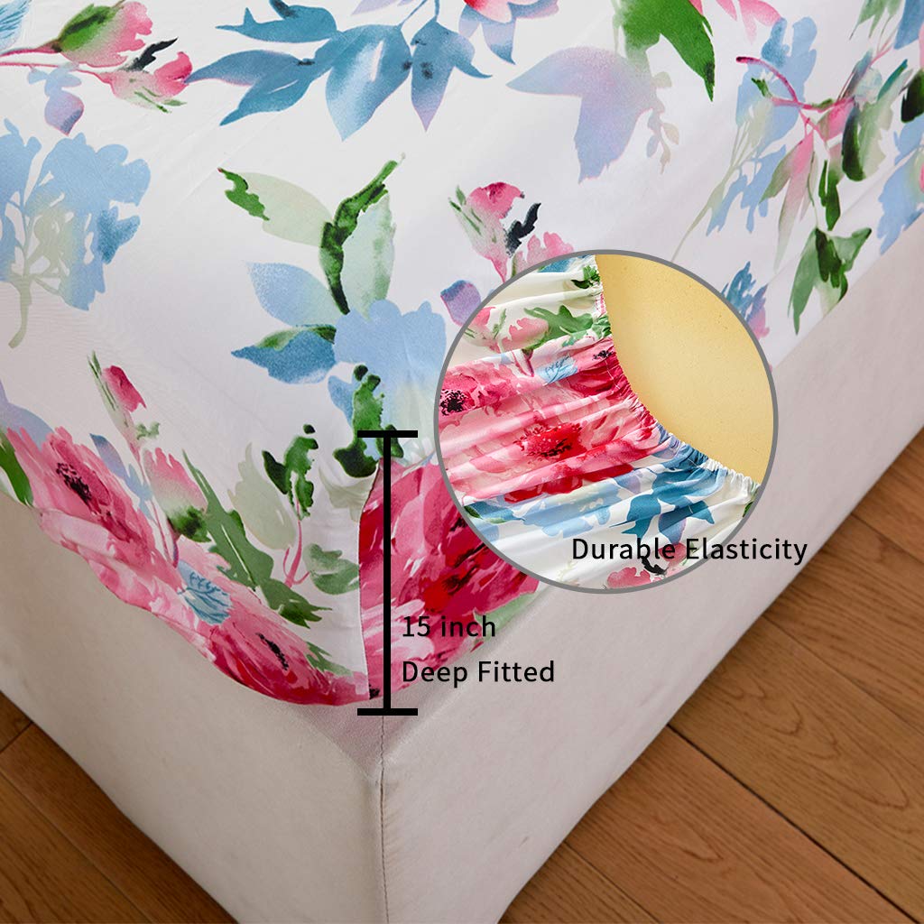 JSD Watercolor Rose Floral Sheet Set Full Size, 4 Piece Soft Printed Microfiber Sheets Extra Deep Pocket