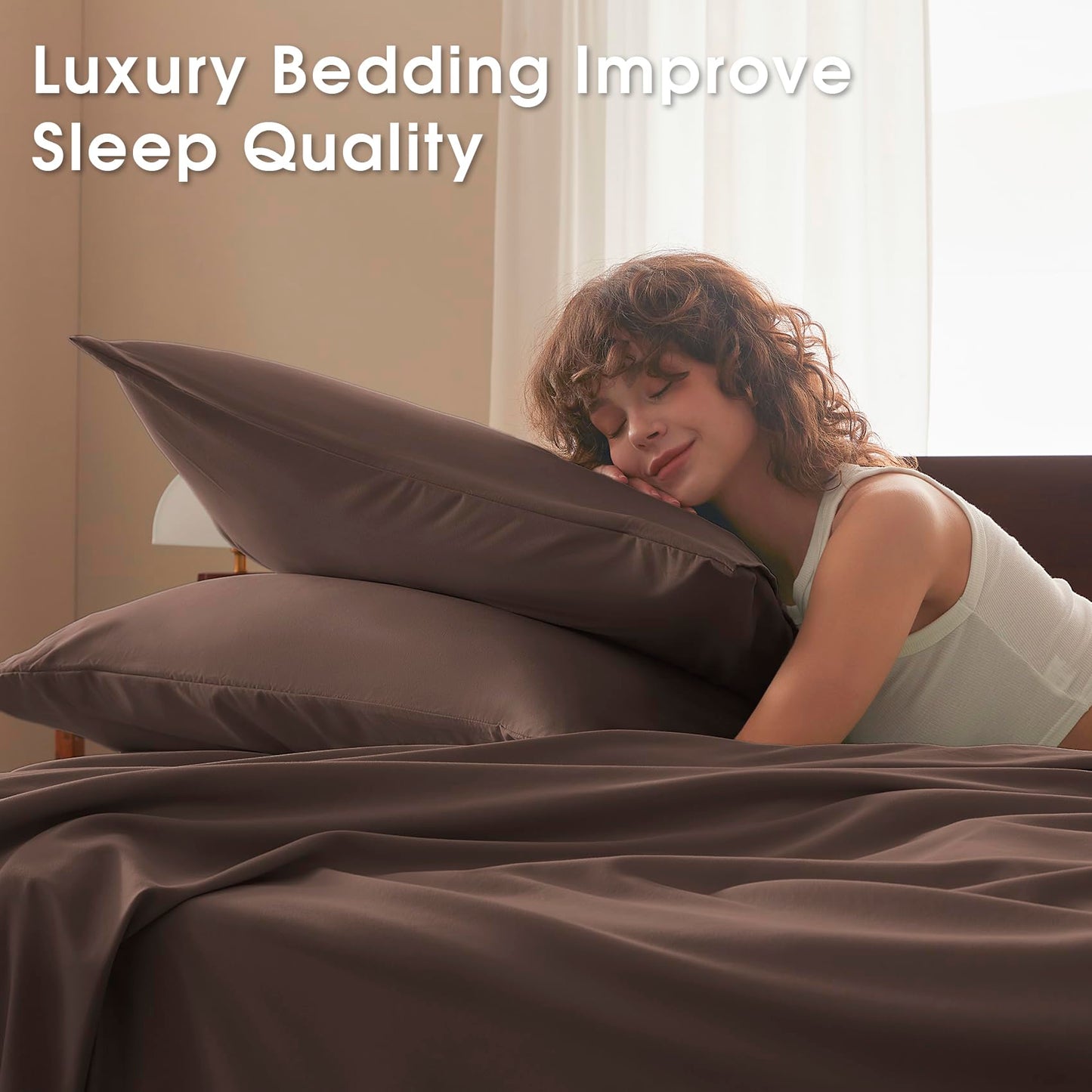 USXIBEI Queen Size 4 Piece Sheet Set - Comfy Breathable & Cooling Bed Sheets Set, Soft and Wrinkle Free, Deep Pockets, Easy & Secure Fit, Hotel Luxury Bedding - Oeko-Tex - Dark Brown