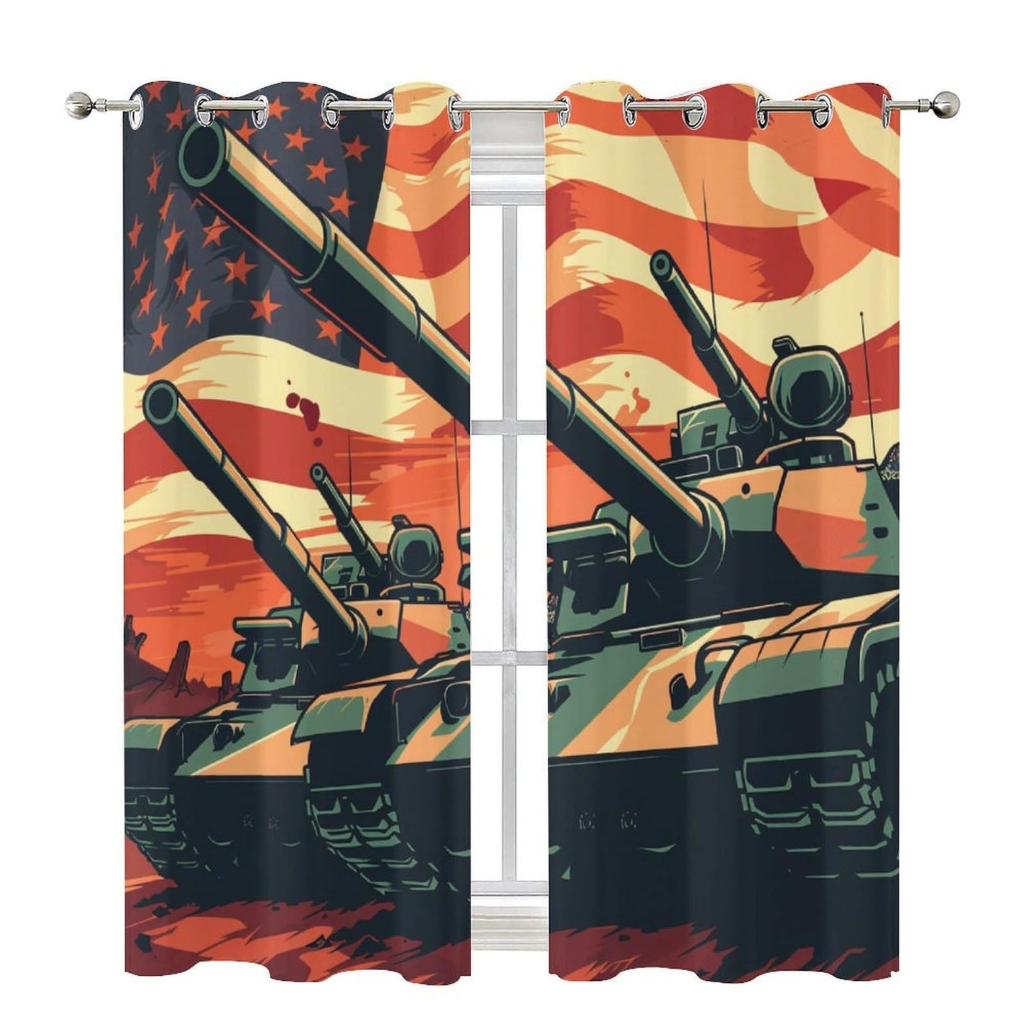 TOWINSFB Vintage Tank USA Flag Blackout Curtains for Bedroom/Living Room, American Patriotic Military War Theme Grommet Curtains Thermal Insulated Window Drapes, 2 Panels, Each 21W x 45L