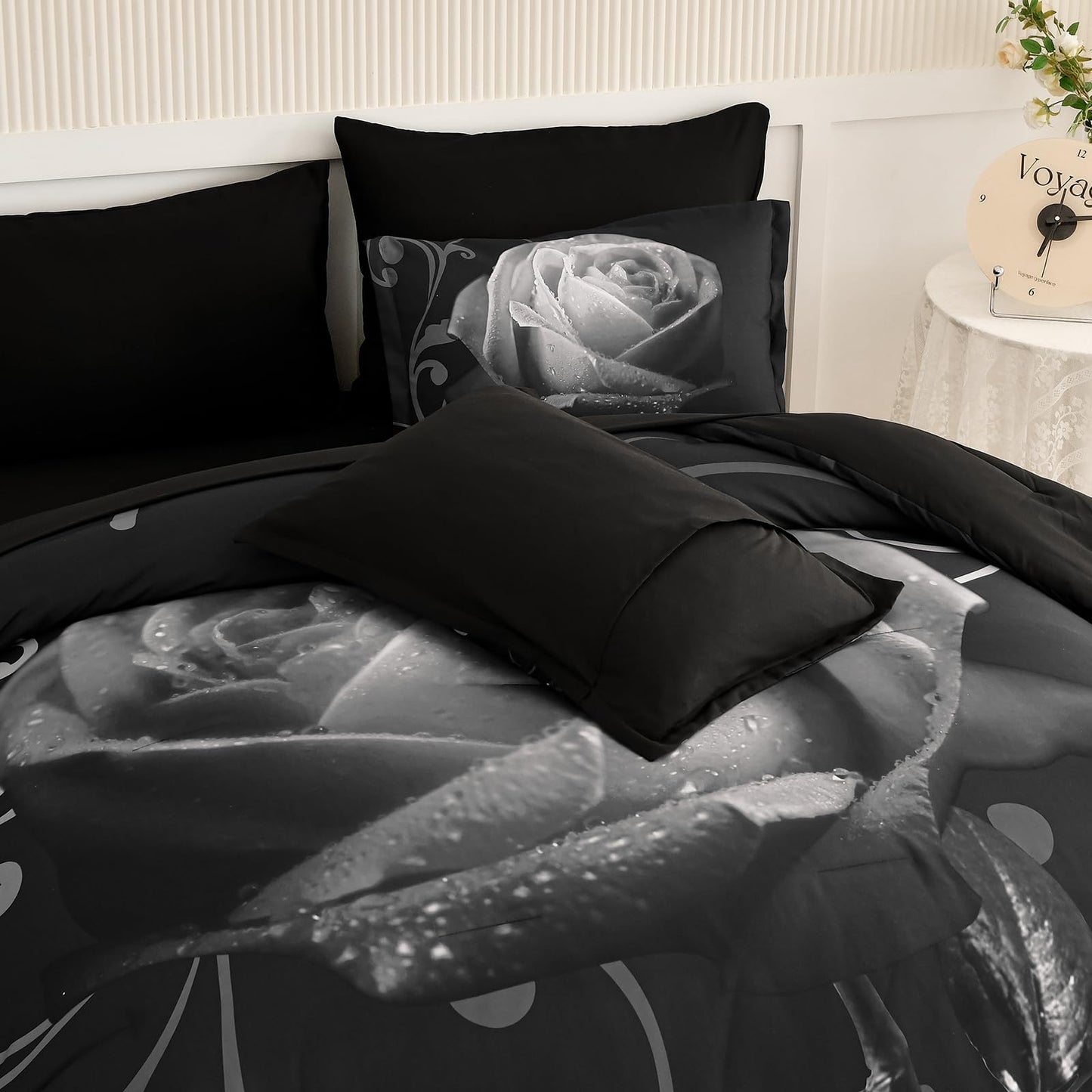 Xruibed Floral Comforter King Black Bed in a Bag Rose 7PCs Comforter Set Soft Micorfiber Bedding Set (1 Comforter,2 Pillow Shams,1 Flat Sheet,1 Fitted Sheet,2 Pillowcases)