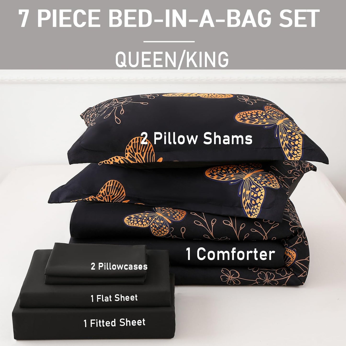 Yogeneg 7 Piece Bed in a Bag Queen Size Comforter Set Black Bedding Set,Gold Butterfly Leaves Printed on Black Reversible Design,Soft Microfiber Comforter with Sheet Set,All Season(Butterfly,Queen)