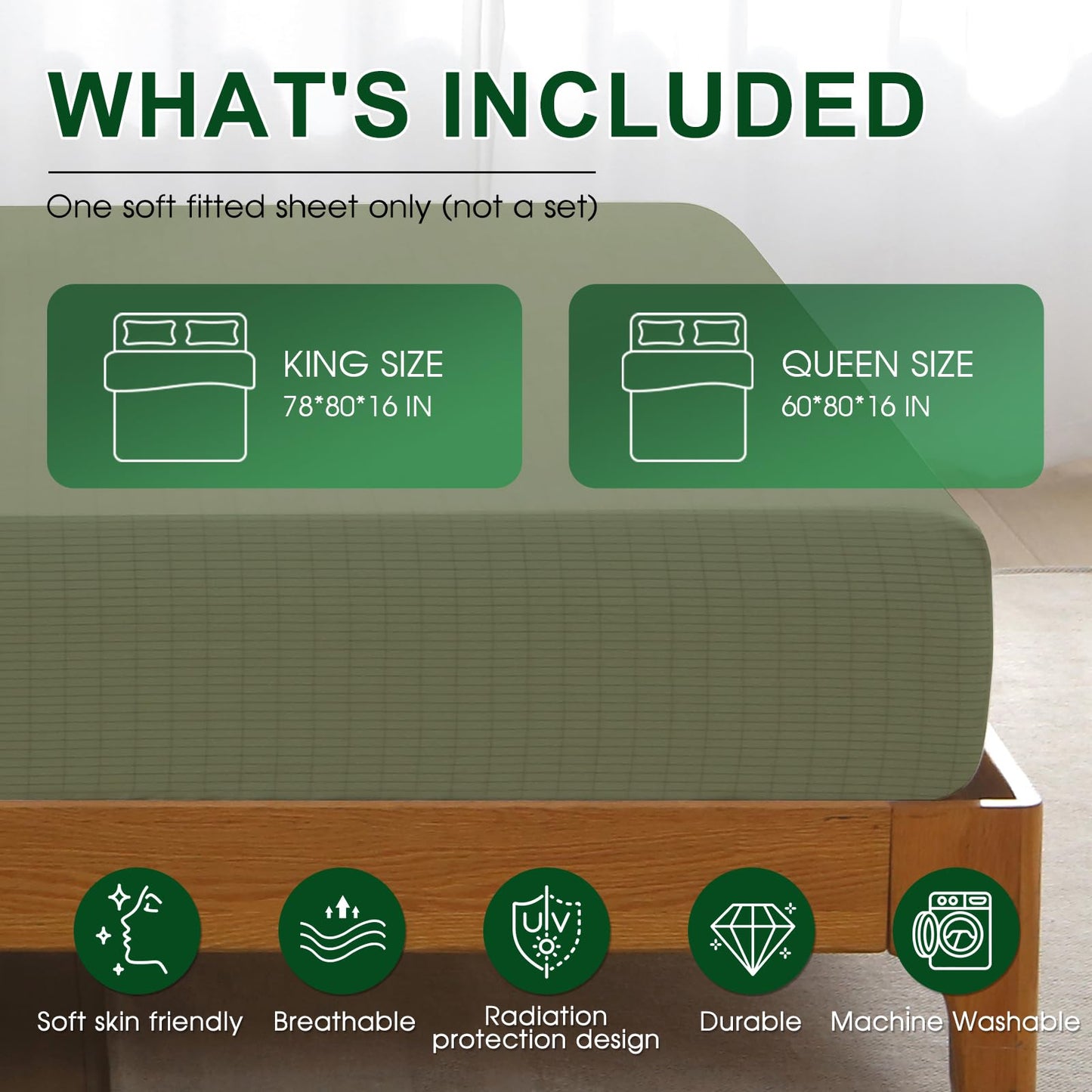 Ivellow Grounding Sheets Queen 10% Pure Silver Fiber 90% Organic Cotton Fitted Sheet Queen Size 16” Deep Pocket Soft Grounded Sheet Earth Connected Bedding Fitted Earth Sheet with Grounding Cord Green