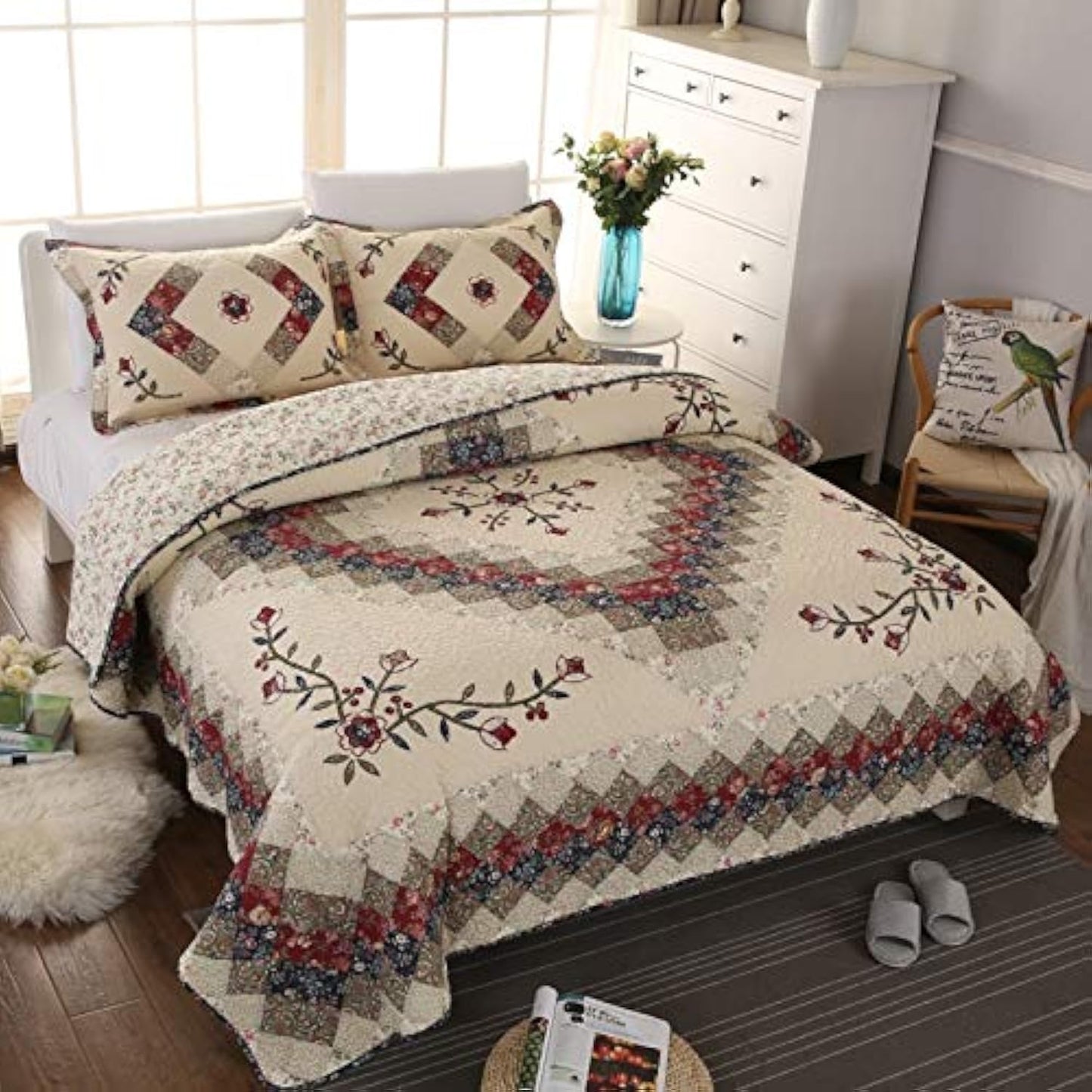 Jameswish Beige Floral Embroidered Quilt Set King Size 100% Cotton Ethnic Patchwork Bedspread Coverlet Country Rustic Embroidery Reversible Geometric Bedding Cover Set Soft Cotton Comforter Cover,3pcs