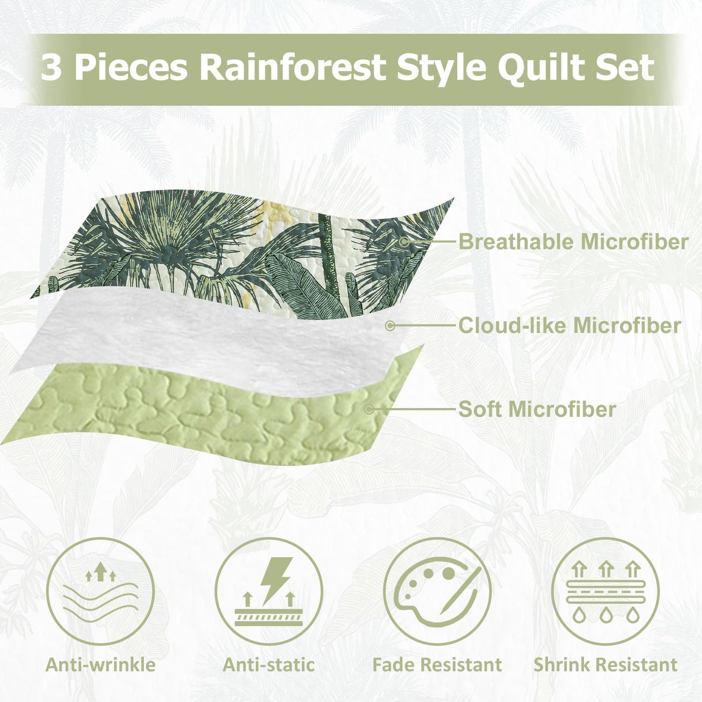 Luxudecor Tropical Plants Quilt Set King Size 3 Pieces Green and Brown Palm Botanical Bedspread Rainforest Style Bedding Set Soft Lightweight Bed Cover All Season 104"x90"