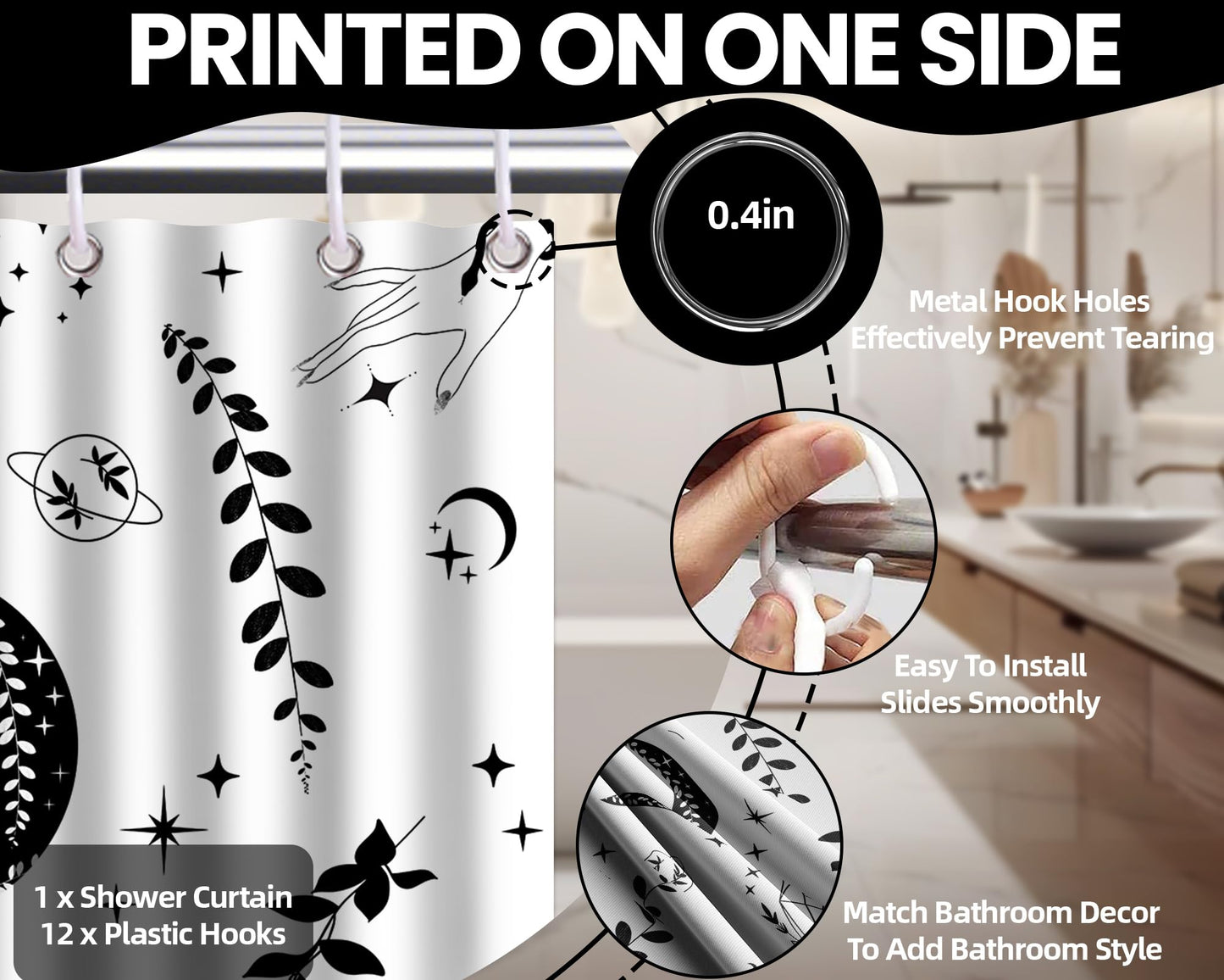 Keeuy Shower Curtain Black and White Modern Minimalist 70 x 72 Inch