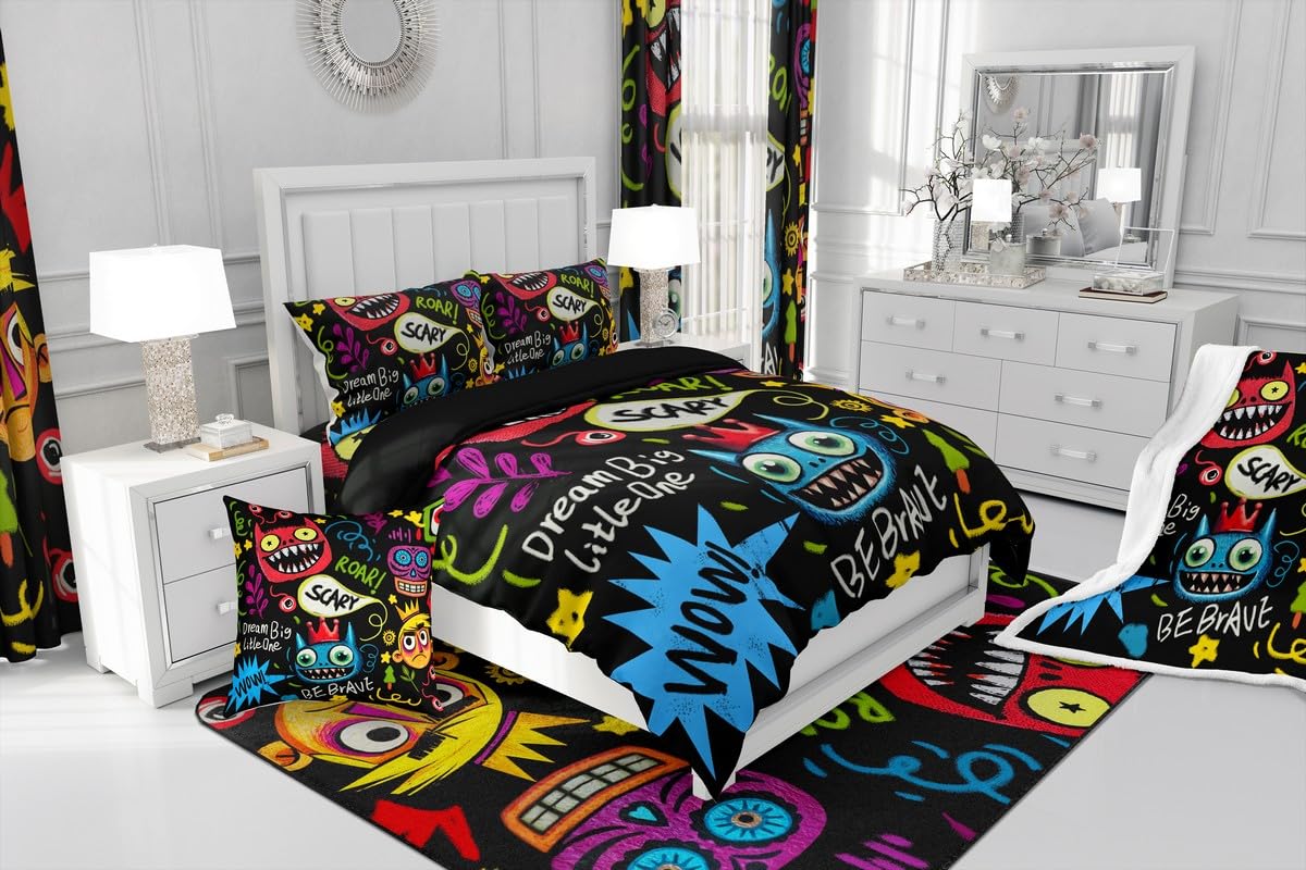 jejeloiu Hippie Graffiti Style Comforter Set Twin Size 7 Pieces Hip Hop Decor Bedding Set for Kids Boys Girls Street Culture Bed in a Bag Bedroom Decor All Season Quilted Breathable Soft Lightweight