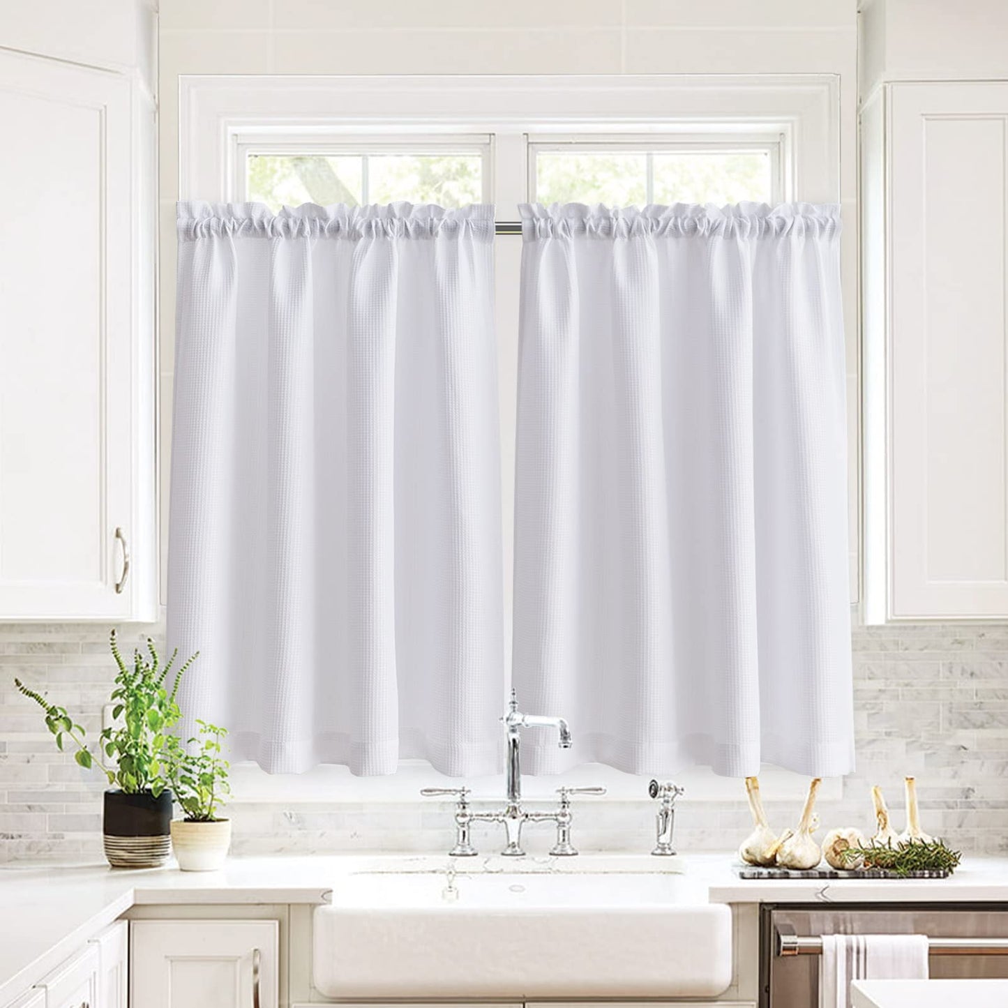 Valea Home Water Repellent Tailored Tier Pair Curtains, Waffle Weave Textured Short Curtains for Bathroom, 72" x 45", White, Set of 2