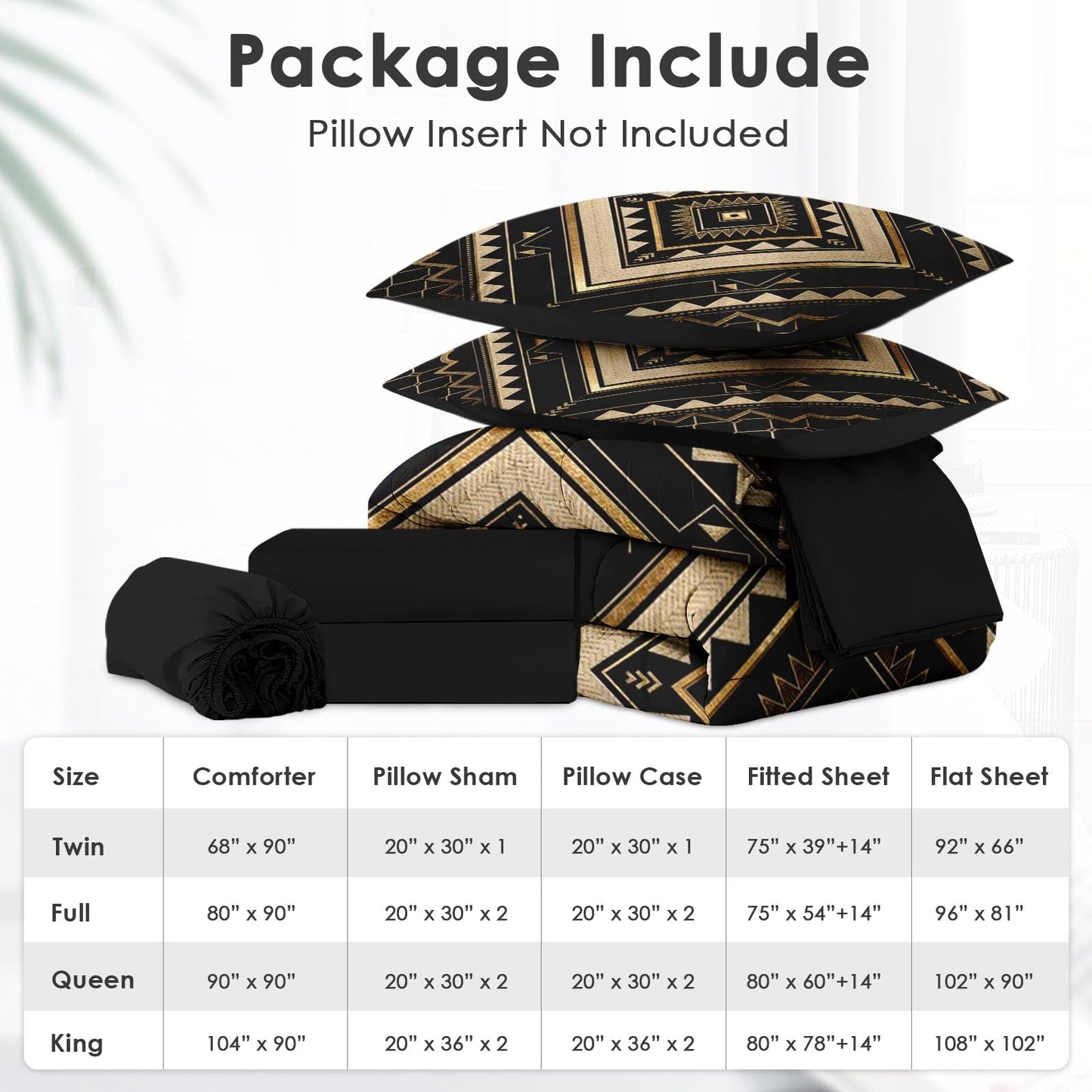 Boewywh Comforter Set Twin Size Aztec Geometric Gold 7 Pcs, Bedding for Kids and Adults, Southwestern Black Bed Sheet Sets with Fitted Sheet 2 Pillowcases & 2 Shams for Bedroom Bed Decor