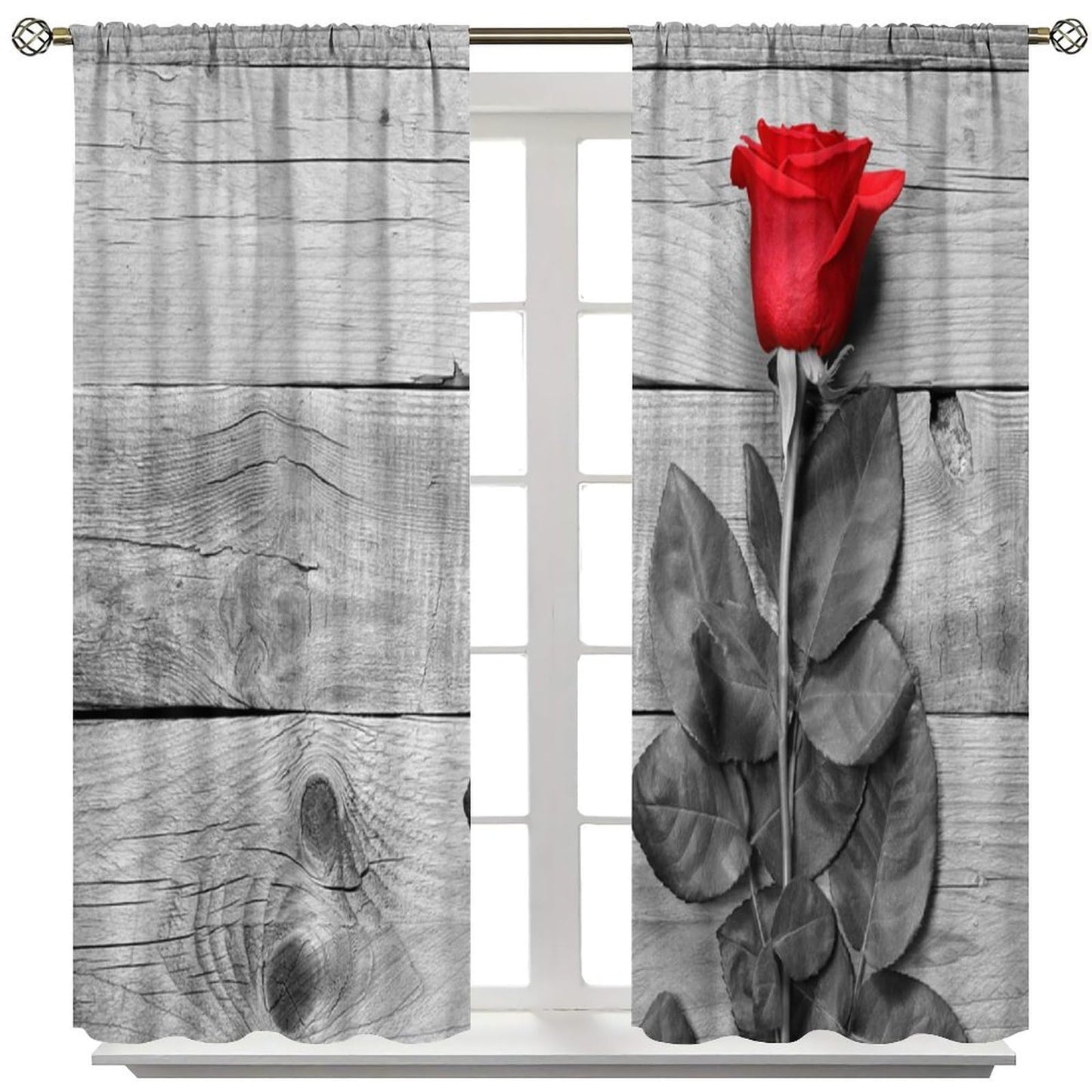 GoDazzling Red Rose Wooden Floral Curtains, Farmhouse Rustic Flower Black Red Rod Pocket Window Drapes, for Bedroom Living Room. 41" W X 45" L (No Blackout)