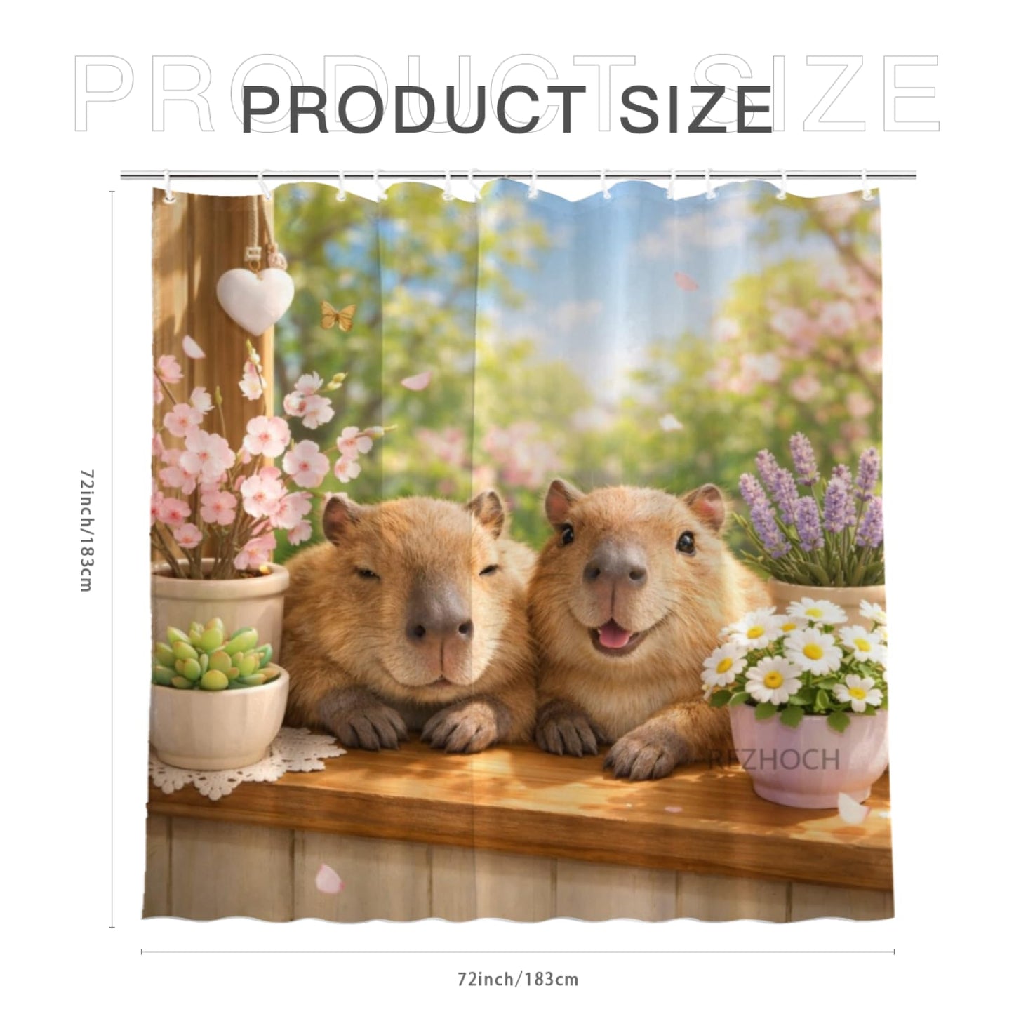 REZHOCH Fun Capybara Shower Curtain 72x72Inch Cute Animals Home Bathroom Decor,Spring Summer Floral Window Scene Rustic Farmhouse Plants Soft Pastel Nature Waterproof Bath Set