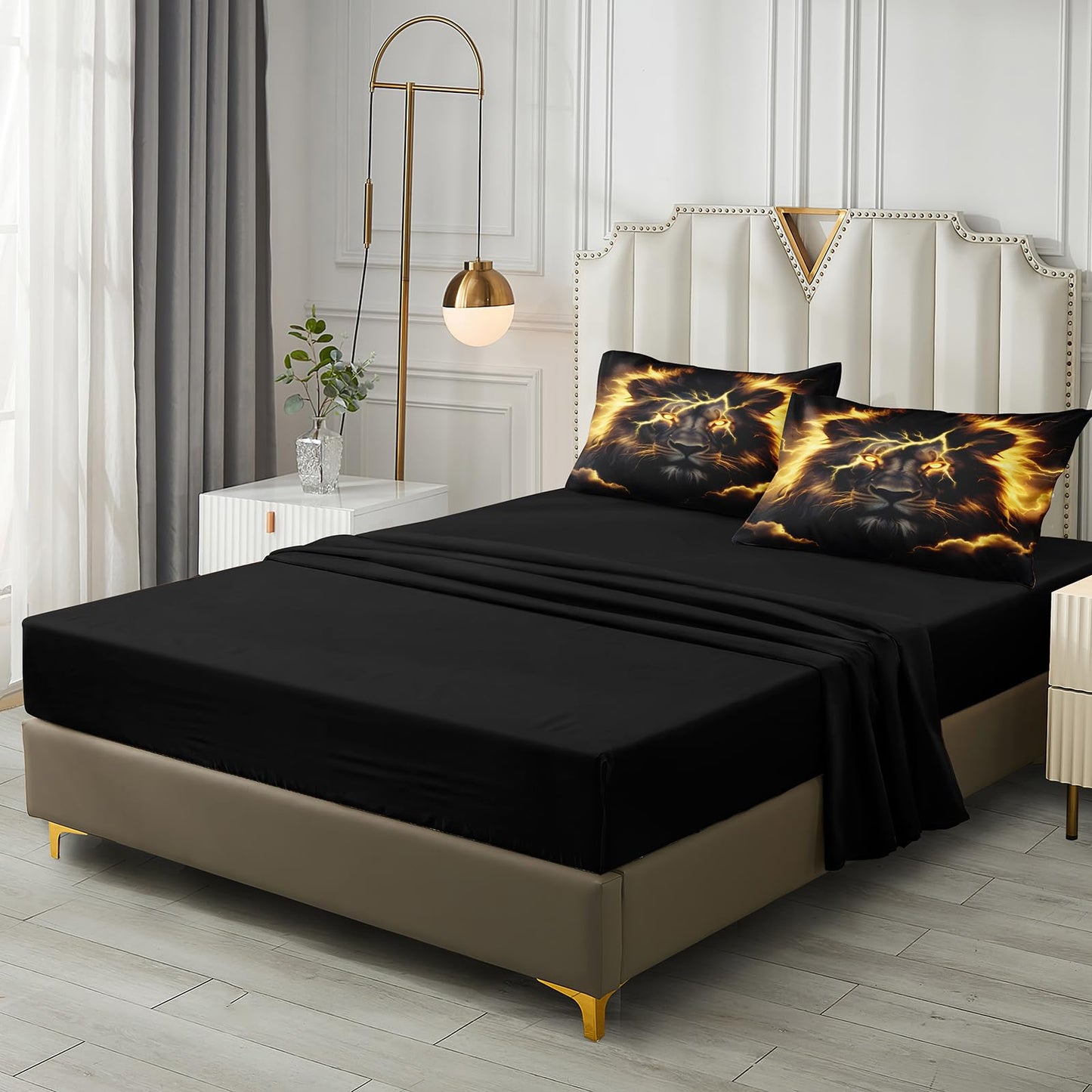 Lion Queen Comforter Set Black and Gold Bed in a Bag Golden Loin Bed Set Home Decor 8 Pcs Black Sheet Set Wild Animal Comforter Set with 1 Cushion Cover