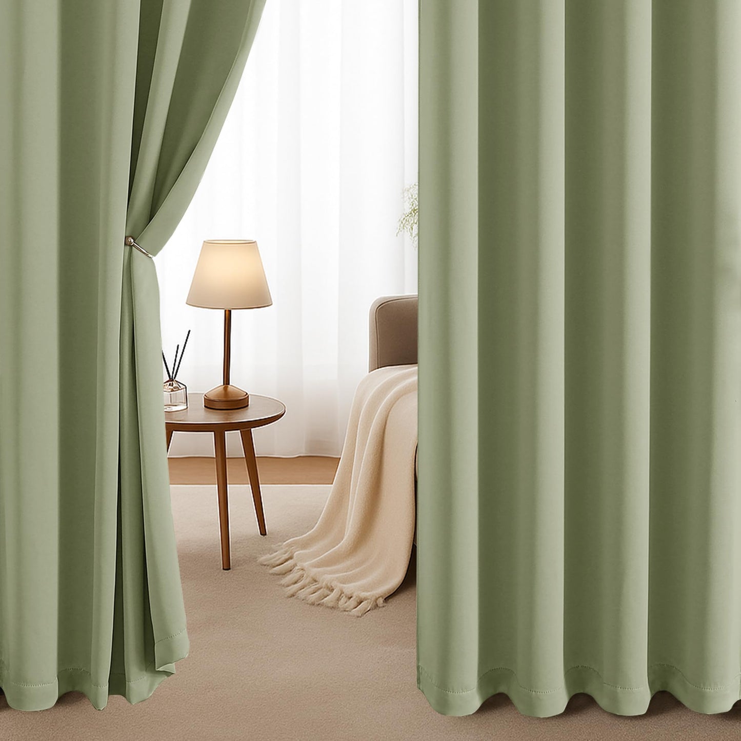 Simplebrand Sage Green Room Darkening Curtains for Bedroom 63 Inch Length 2 Panels Set, Thermal Insulated Energy Saving Curtains for Kids Room, Grommet Solid Nursery Window Treatment Drapes, W40 x L63