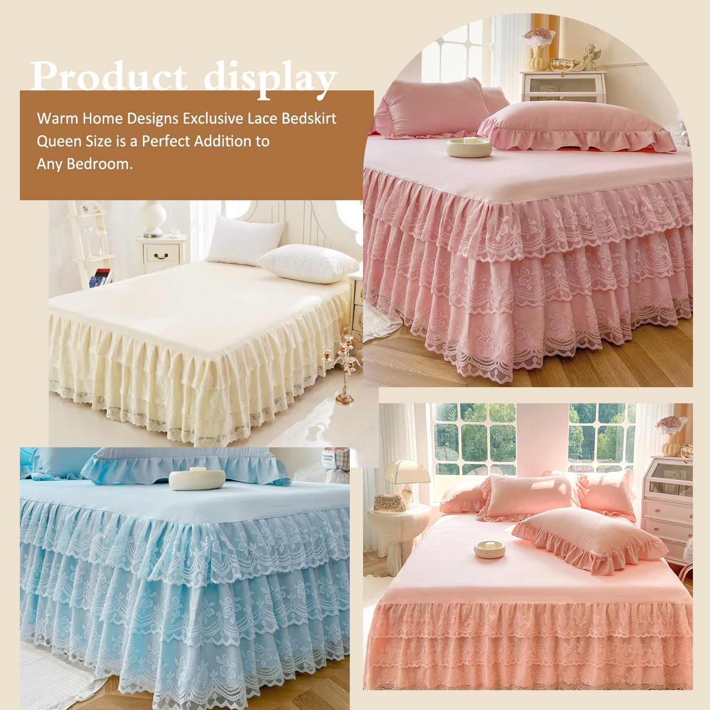 Three Layers Lace Bed Sheet Skirt for Queen Bed - 17in. Drop, Ruffle Bed Skirt Wrap Around Bed Skirt, Anti Wrinkle