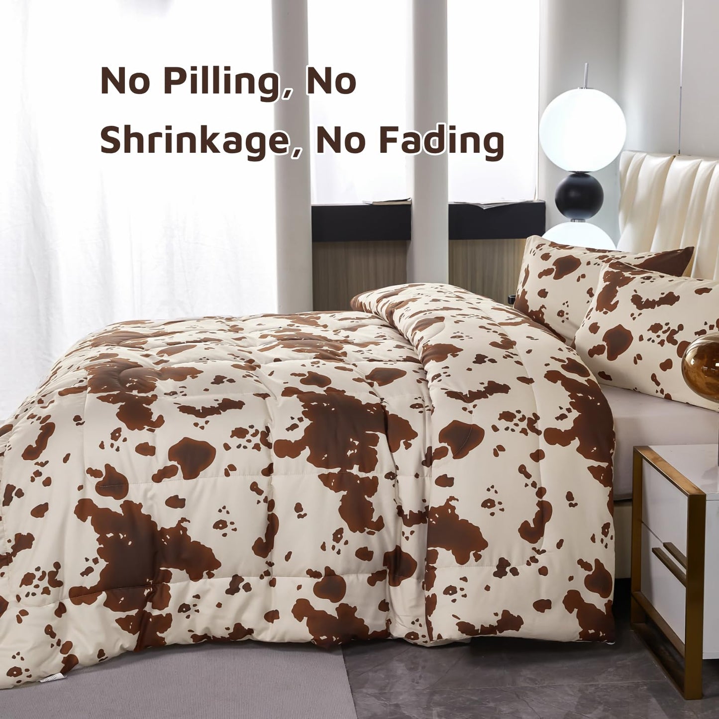 PERFEMET 3 Pieces Cow Print Queen Comforter Set, Brown and Beige Teens Boys Girls Bedding Set, Farmhouse Western Comforter Set for Queen Size Bed (Beige,Queen)