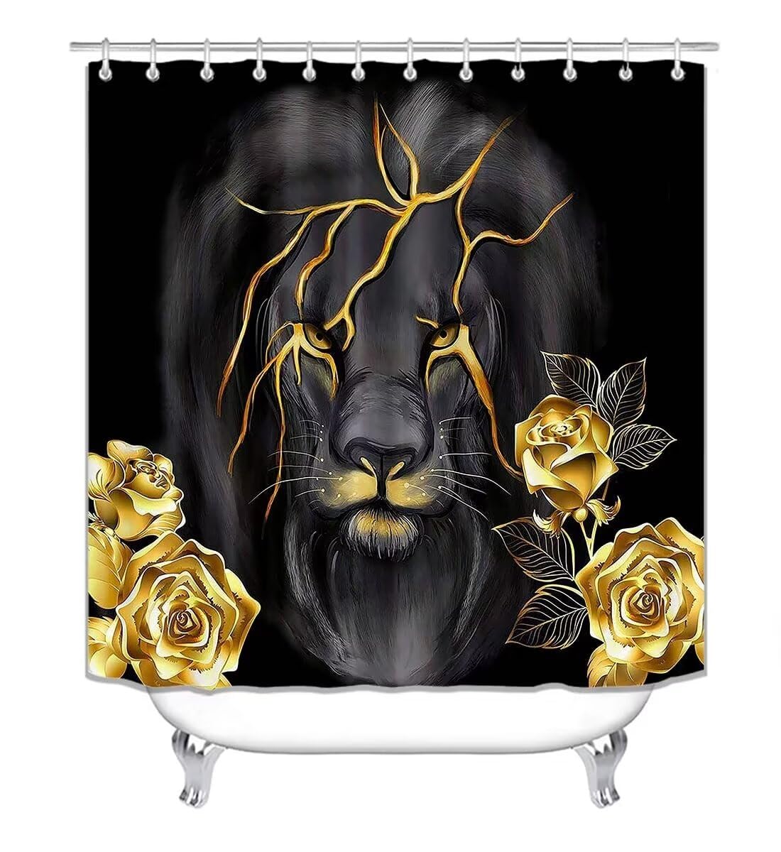 4 Piece Black and Gold Shower Curtain Set with Rugs, Majestic Lion & Golden Rose Art, Luxury Aesthetic Waterproof Fabric Bathroom Decor, Non-Slip Mats & Toilet Lid Cover