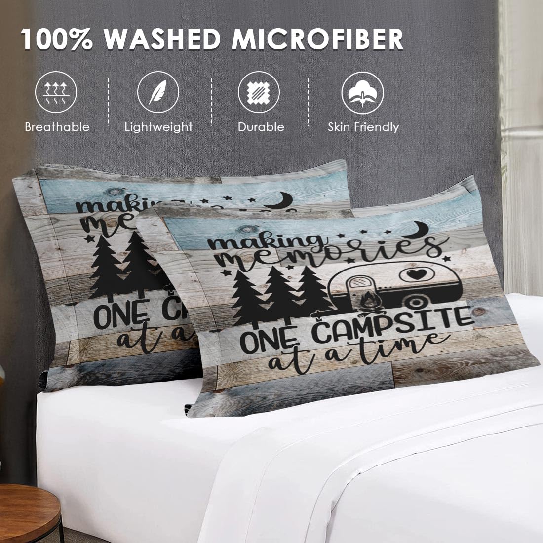 WeCozy 7 Pcs Queen Size Comforter Set with 2 Pillowcases & 2 Shams, Retro Wood Camp Camper Bedding Set for Kids and Adults, Inspirational Motivational Bed in a Bag with Flat Sheet and Fitted Sheet