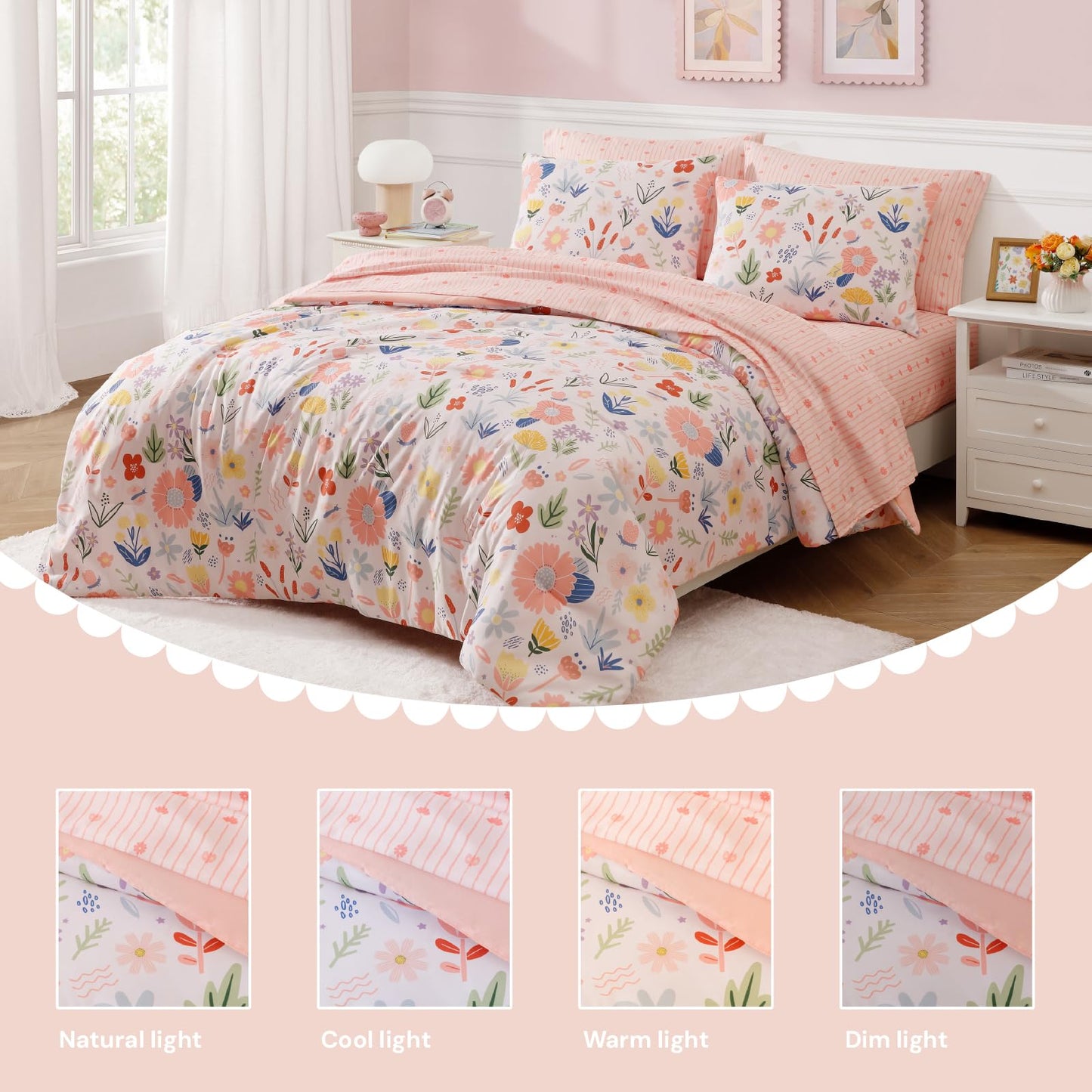 BLOOMHAVEN Twin XL Comforter Set for Girls, 5 Pieces Pink Bedding Set with Pastel Flower, All Seasons Kids Twin Comforter Set with Sheets, Pillowcase & Sham