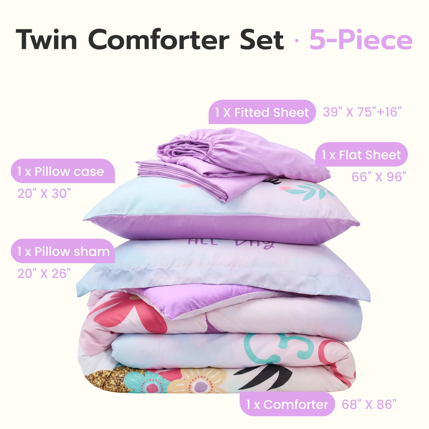 Joiedomi Kid Twin Comforter Set 5 Piece Unicorn Bedding Set for Boys Girls Super Soft Microfiber Bed in a Bag with Comforter Sheets Pillowcase Sham