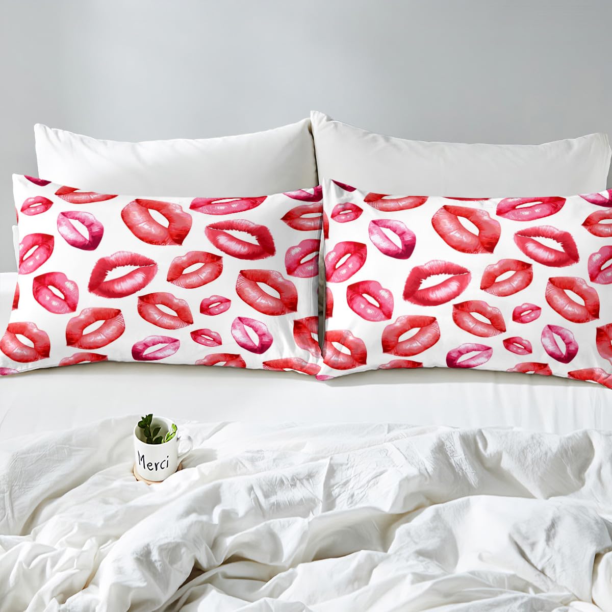 Feelyou Sexy Lips Bed Sheet Set for Girls Woman Kiss Fitted Sheet Feminine Red Lips Bedding Set Lipstick Print Bed Cover Luxury Bedroom Decor 3Pcs Sheets Queen Size Red White
