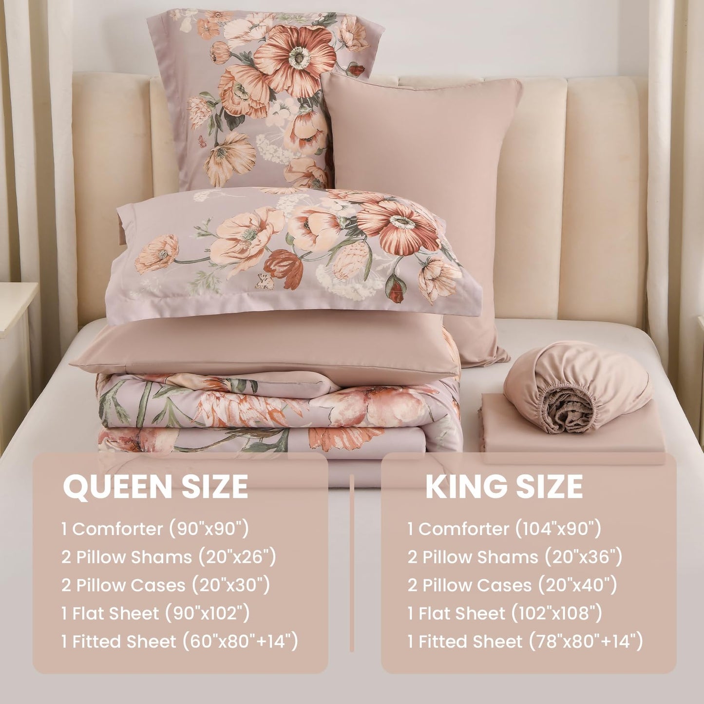 LLDSYW Queen Comforter Set - 7 Pieces Bed in a Bag Khaki Floral Queen Comforter Set with Sheets, Soft Microfiber Flower Complete Bedding Set for All Seasons(Khaki,90"x90")