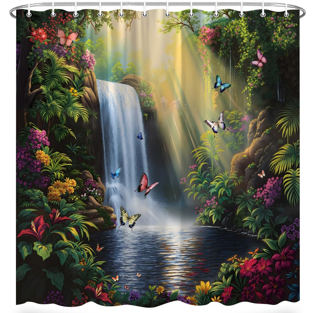 EUBTPA Tropical Waterfall Shower Curtain with Butterflies and Colorful Jungle Flowers, Nature Scenery Bathroom Decor Polyester Fabric Curtains 70X70 Inch