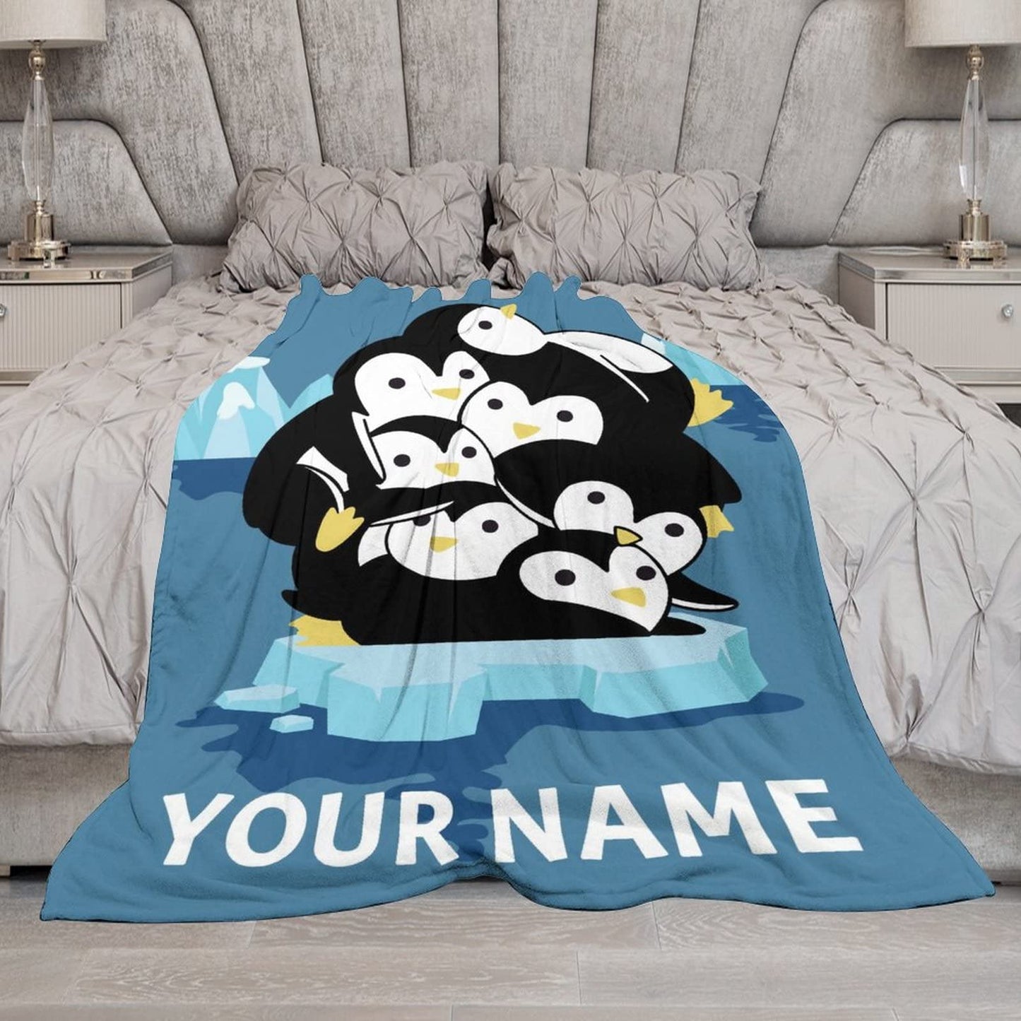 Personalized Penguin Blanket Gifts with Name - 60"x80" Cute Throw Blanket for Adults, Kids - Blue Soft Plush Blankets for Bed, Couch & Living Room