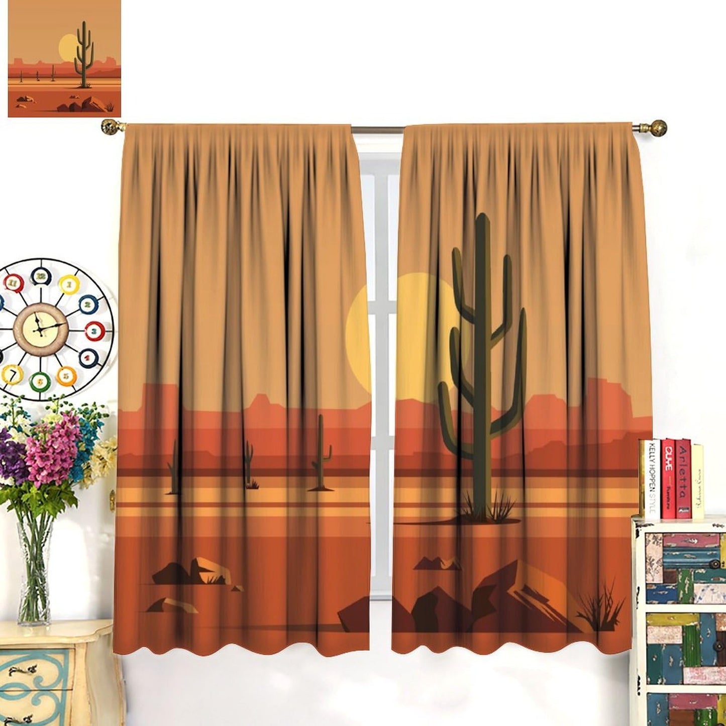 Desert Cactus Curtains, Saguaro Cactus Sunset Landscape Print, Light Filtering Window Drapes for Bedroom Living Room Kitchen, 20.5" W x 44.5" L, 2 Panels (No Blackout)