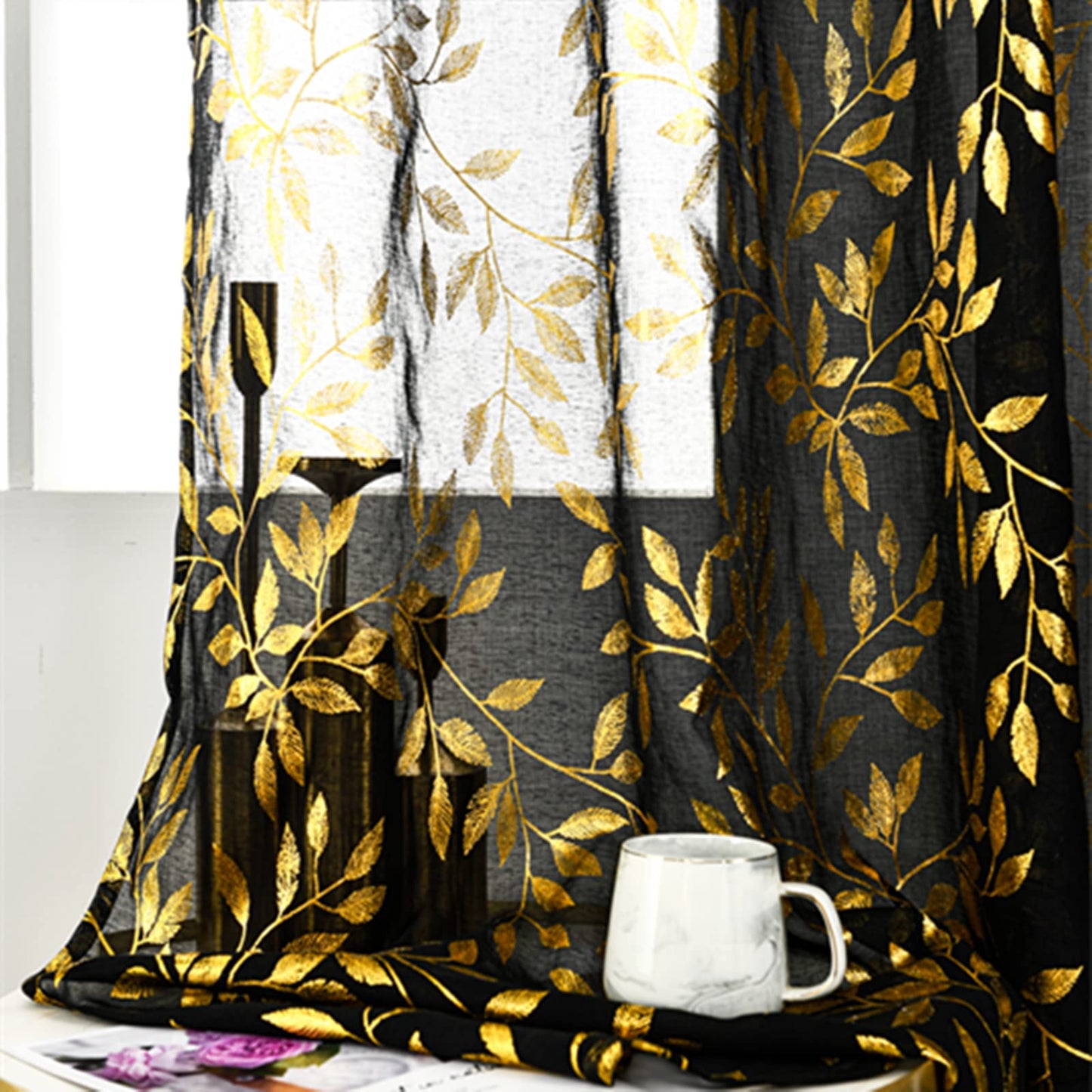 Deeprove Black Sheer Curtains 84 Inch Length 2 Panels Set, Gold Foil Metallic Branch Vine Leaves Print Window Treatments for Bedroom Halloween Decor, Bronzing Drapes Pair Rod Pocket 52" W x 84" L