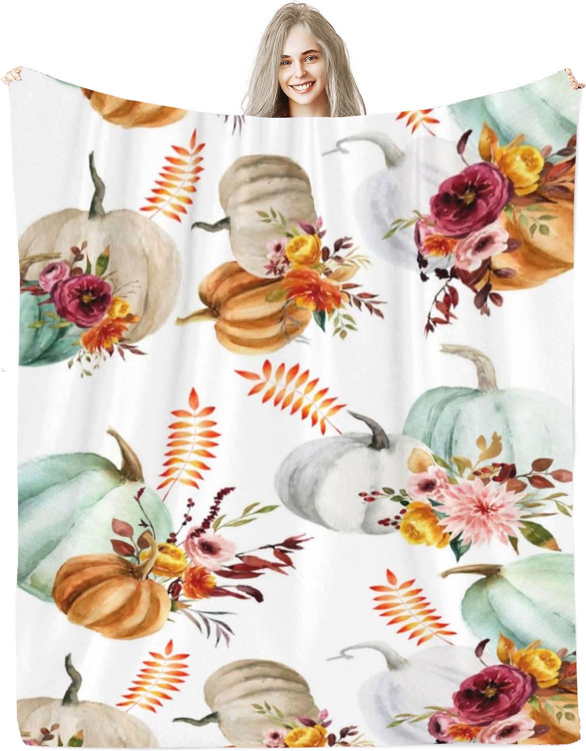 Nextchange Autumn Decor Fleece Throw Blankets, Fall Decor Throw Blanket with Pumpkins Leaves for Bed Couch Sofa, Lightweight Soft Warm Fuzzy Cozy Flannel Blanket 60" x 80"