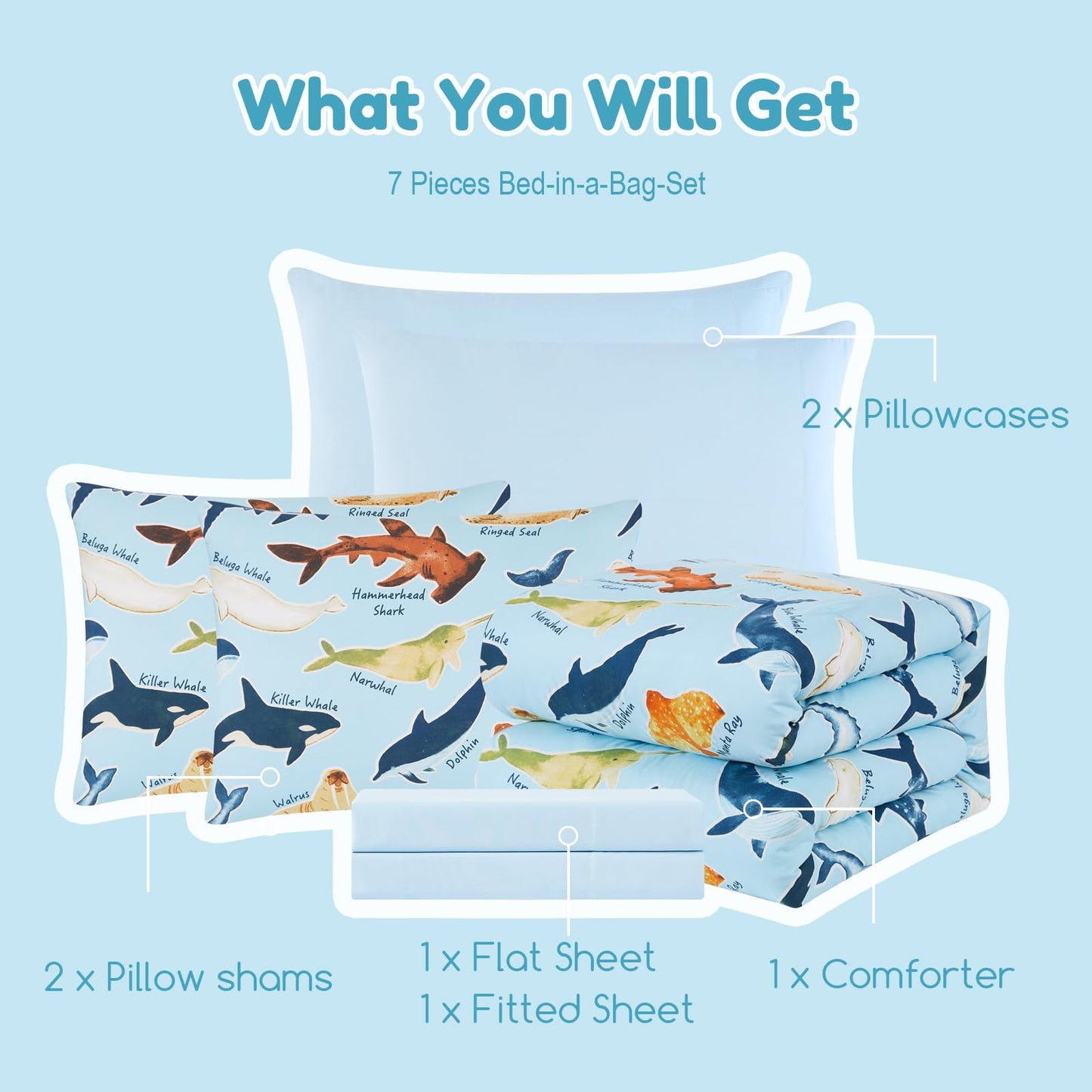 Wink Deer Full Size Comforter Set for Boys-7 Pieces Ocean Animals Glow in the Dark Full Bedding Sets for Kids, Ultra Soft Bed in A Bag with Sheets