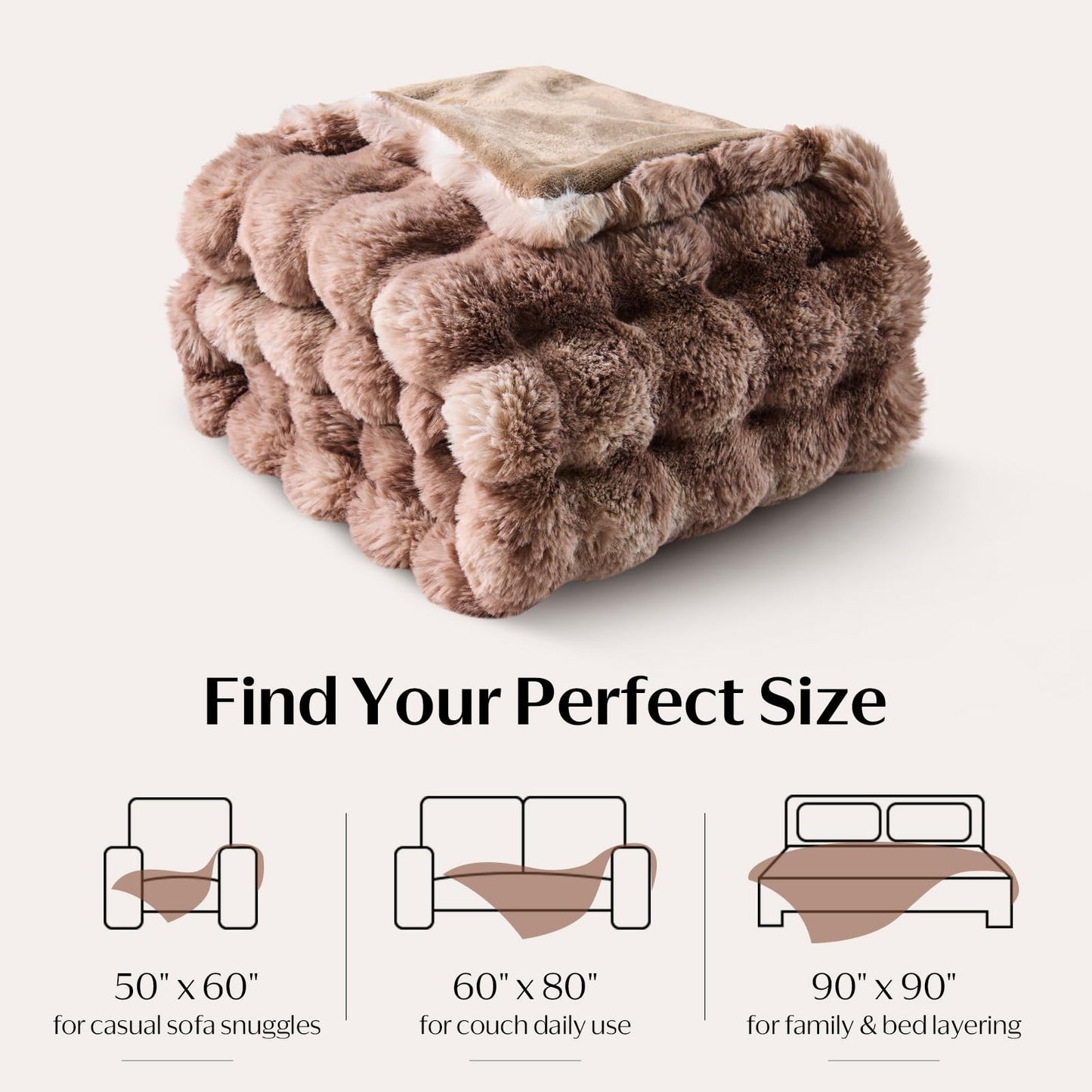 DOWNCOOL Faux Fur Throw Blanket for Couch, Soft Fluffy Fuzzy Plush Bubble Blanket for Sofa Bedroom Living Room, Cozy Warm Luxury Fleece Minky Blanket, 50x60 Inches Tie-dye Brown