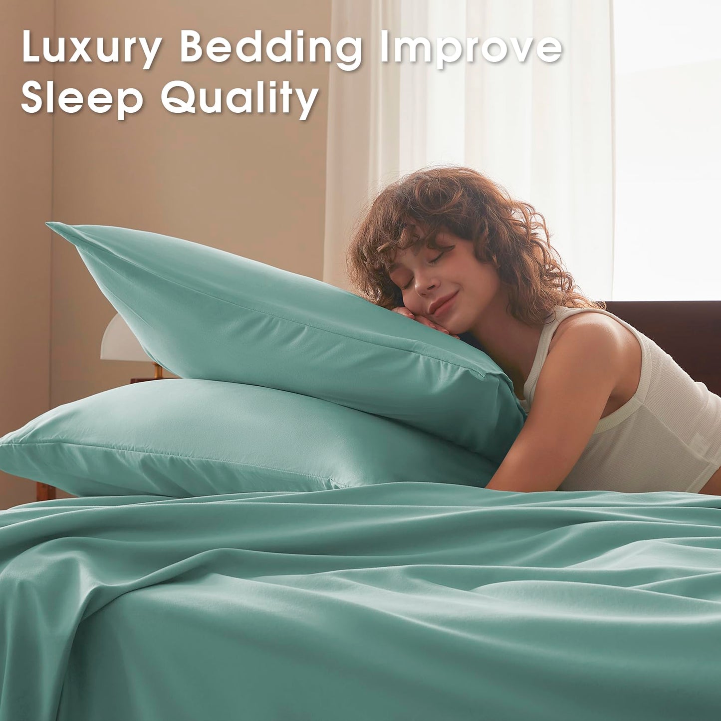 USXIBEI Queen Size 4 Piece Sheet Set - Comfy Breathable & Cooling Bed Sheets Set, Soft and Wrinkle Free, Deep Pockets, Easy & Secure Fit, Hotel Luxury Bedding - Oeko-Tex - Spa Blue