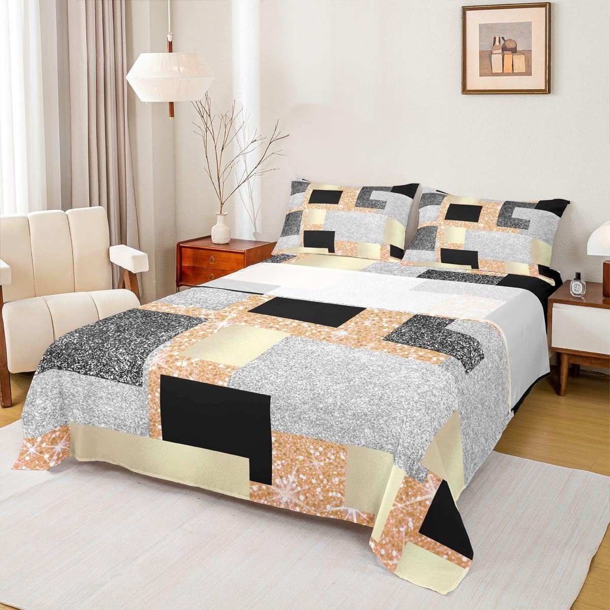 Feelyou Modern Abstract Bed Sheets Set Queen Size Geometric Aesthetic Bed Set Yellow Glitter Deep Pocket Fitted Sheet Breathable Soft Lightweight Microfiber