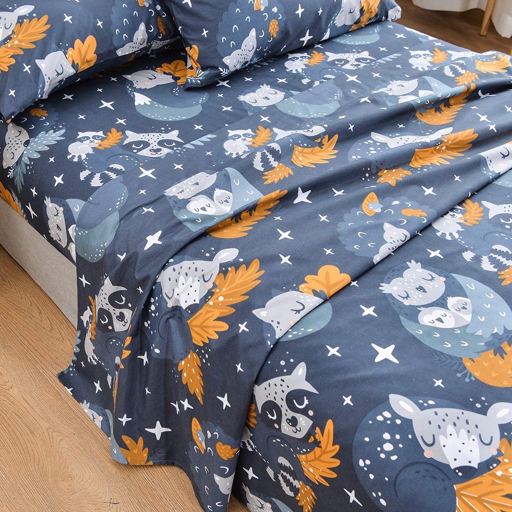JSD Forest Animals Kids Sheet Set Twin Size, 3 Piece Navy Blue Owl Microfiber Bed Sheets Deep Pocket