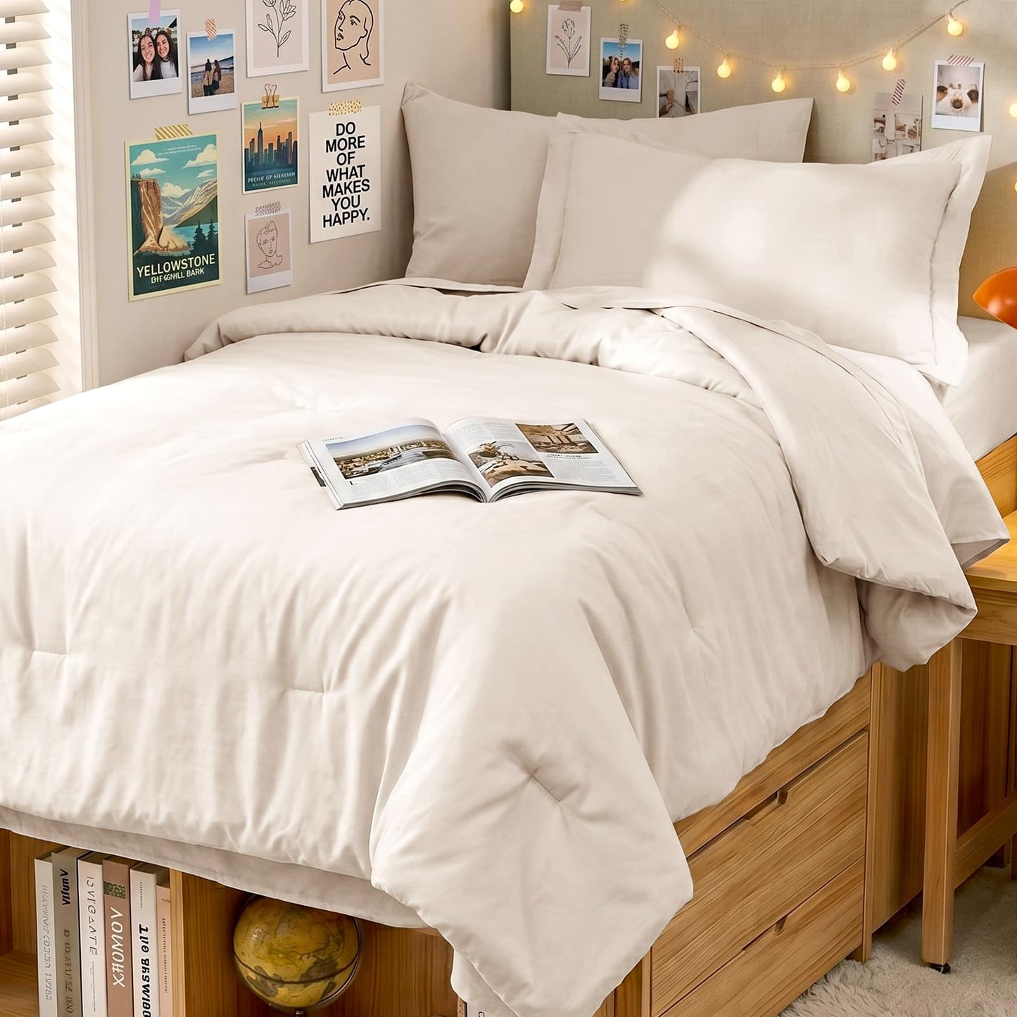 MUXHOMO 5 Pieces Twin XL Comforter Set, Soft Bed in a Bag Twin XL Size, All Season Bedding Set with Comforter, Flat Sheet, Fitted Sheet, Pillowcases & Shams, Beige