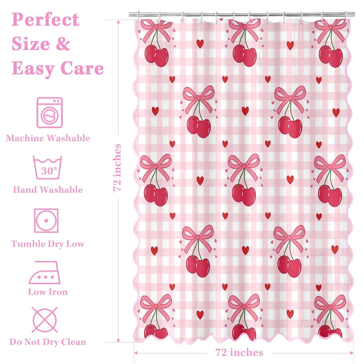 Cosovia Bow Shower Curtain with Scalloped, Pink Cherry Checkered Washable Waterproof Shower Curtains for Bathroom Decor with 12 Hooks, 72x72 Inch