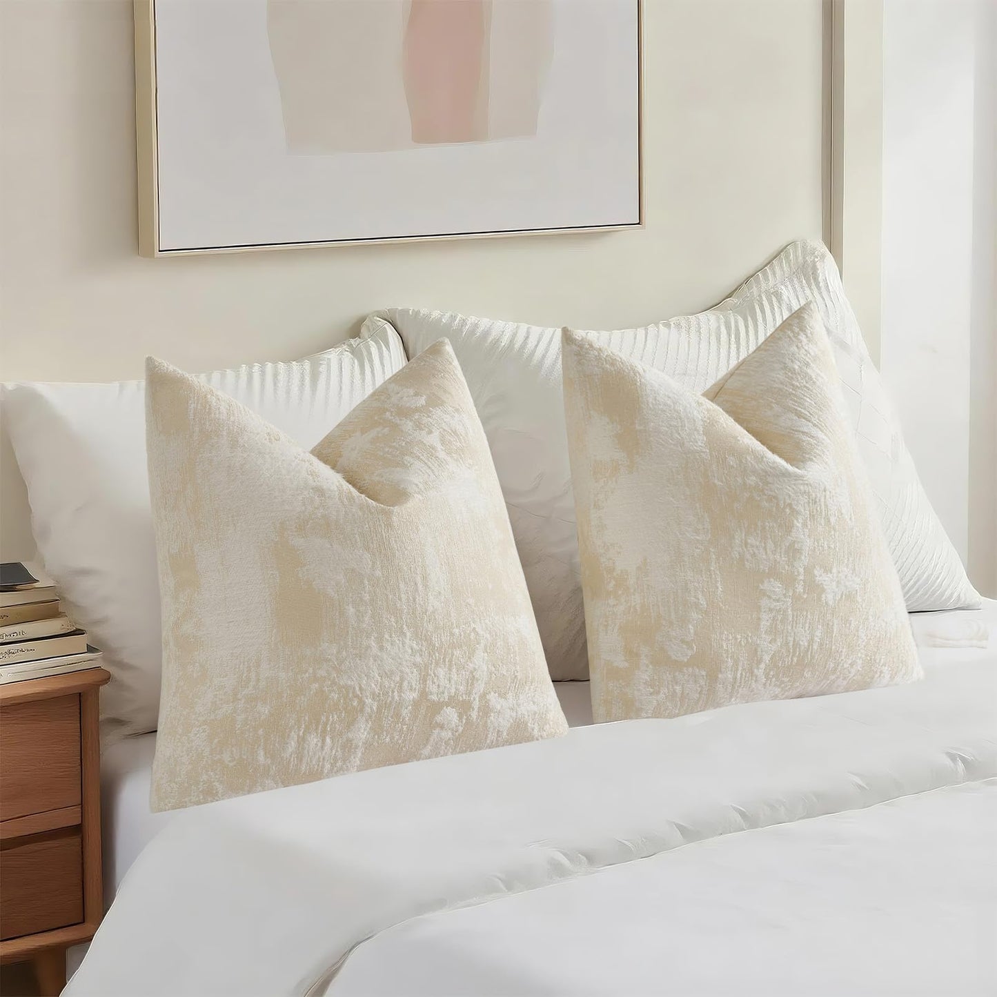 HAUSSY Pack of 2 Lumbar Throw Pillow Covers 18x18 Inch,Faux Cashmere Jacquard Decorative Patten Furry Pillowcases Textured & Soft Cushion Covers for Couch Bed Room Home Decor,Beige White(Covers Only)