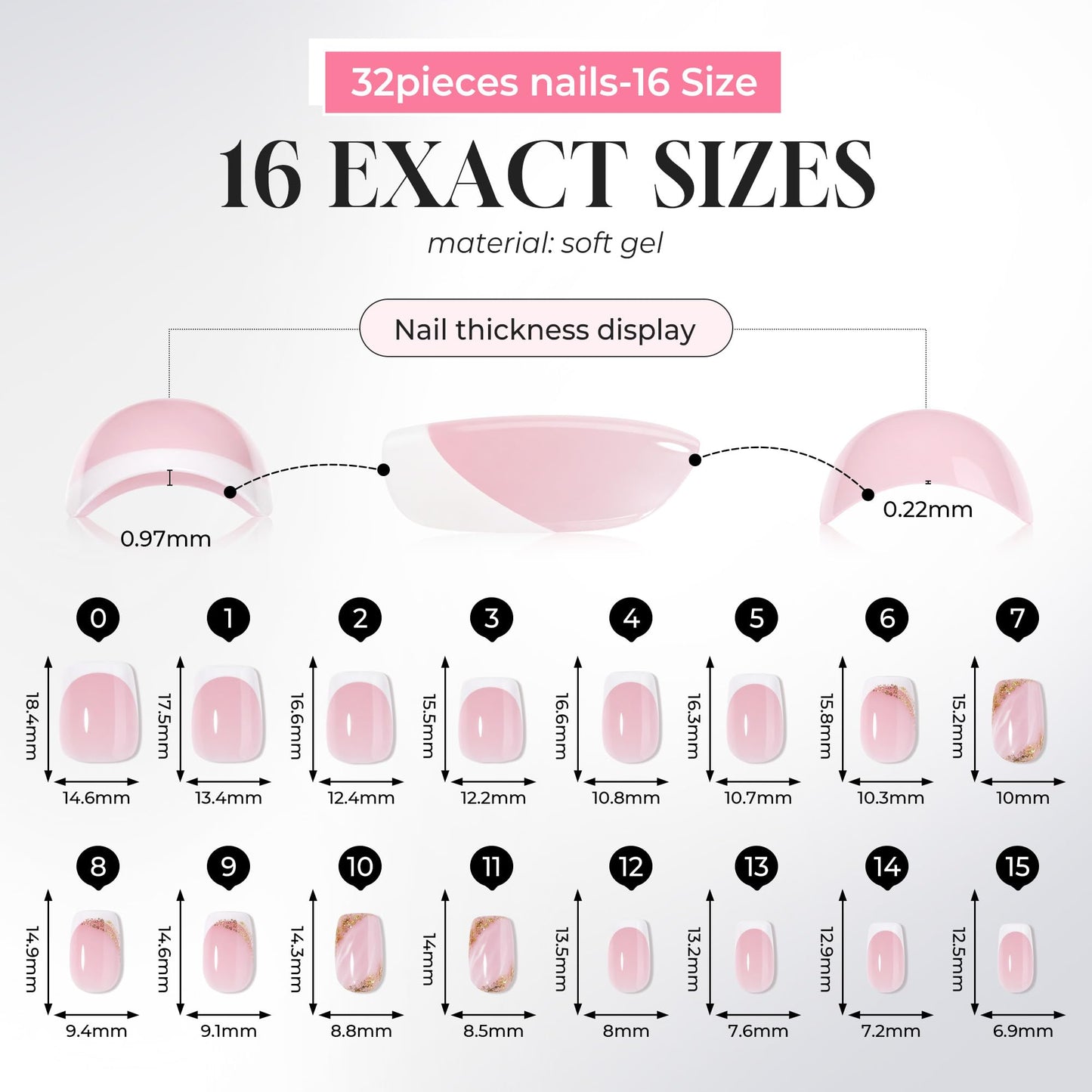 UNA GELLA French Tip Press on Nails Short Square - 32Pcs 16 Sizes Soft Gel Fake Nails Marble Design, Reusable Stick on Nails for Women Manicure Daily Wear Nude Pink