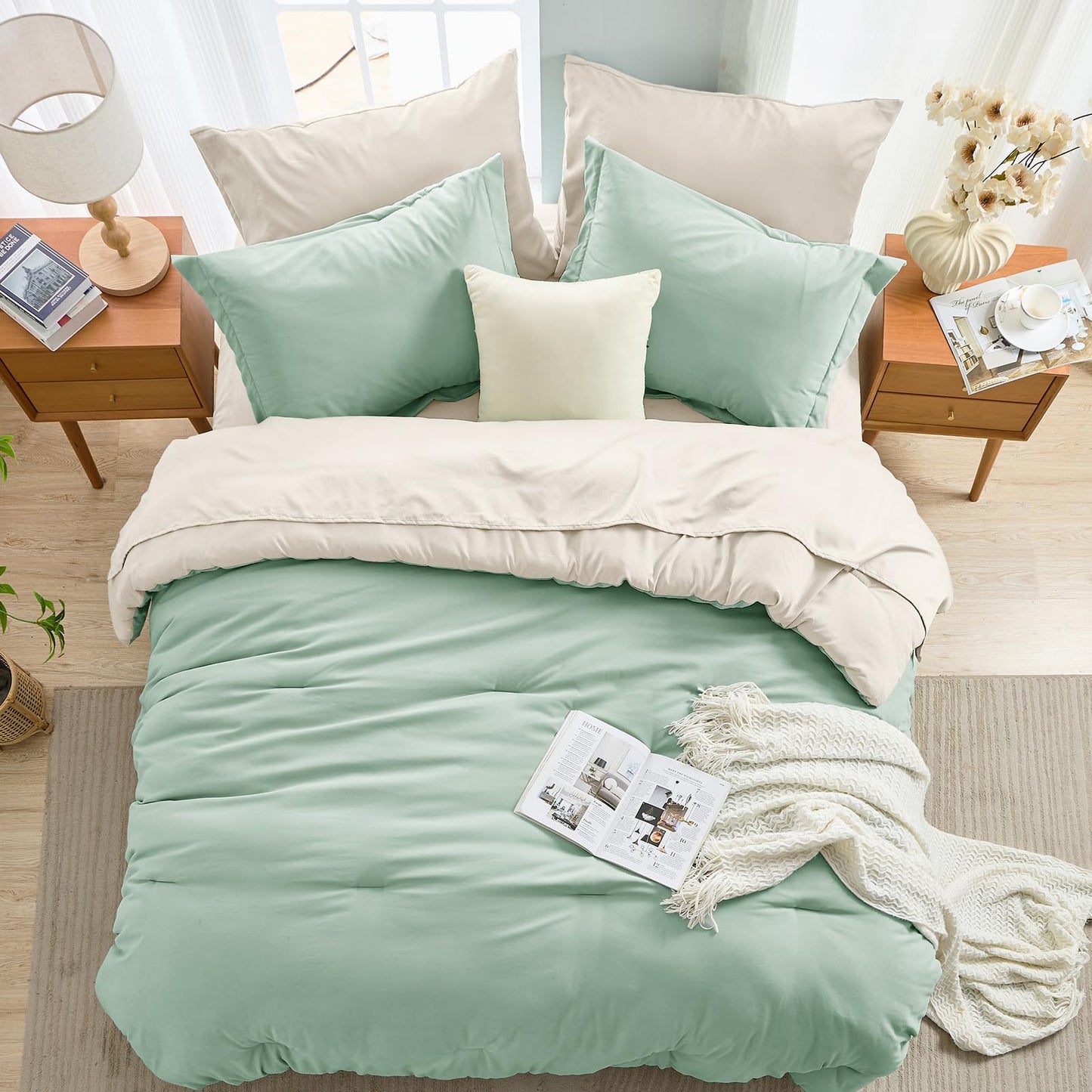 MUXHOMO 7 Pieces King Comforter Set, Soft Bed in a Bag King Size, All Season Bedding Set with Comforter, Flat Sheet, Fitted Sheet, Pillowcases & Shams, Sage Green & Beige