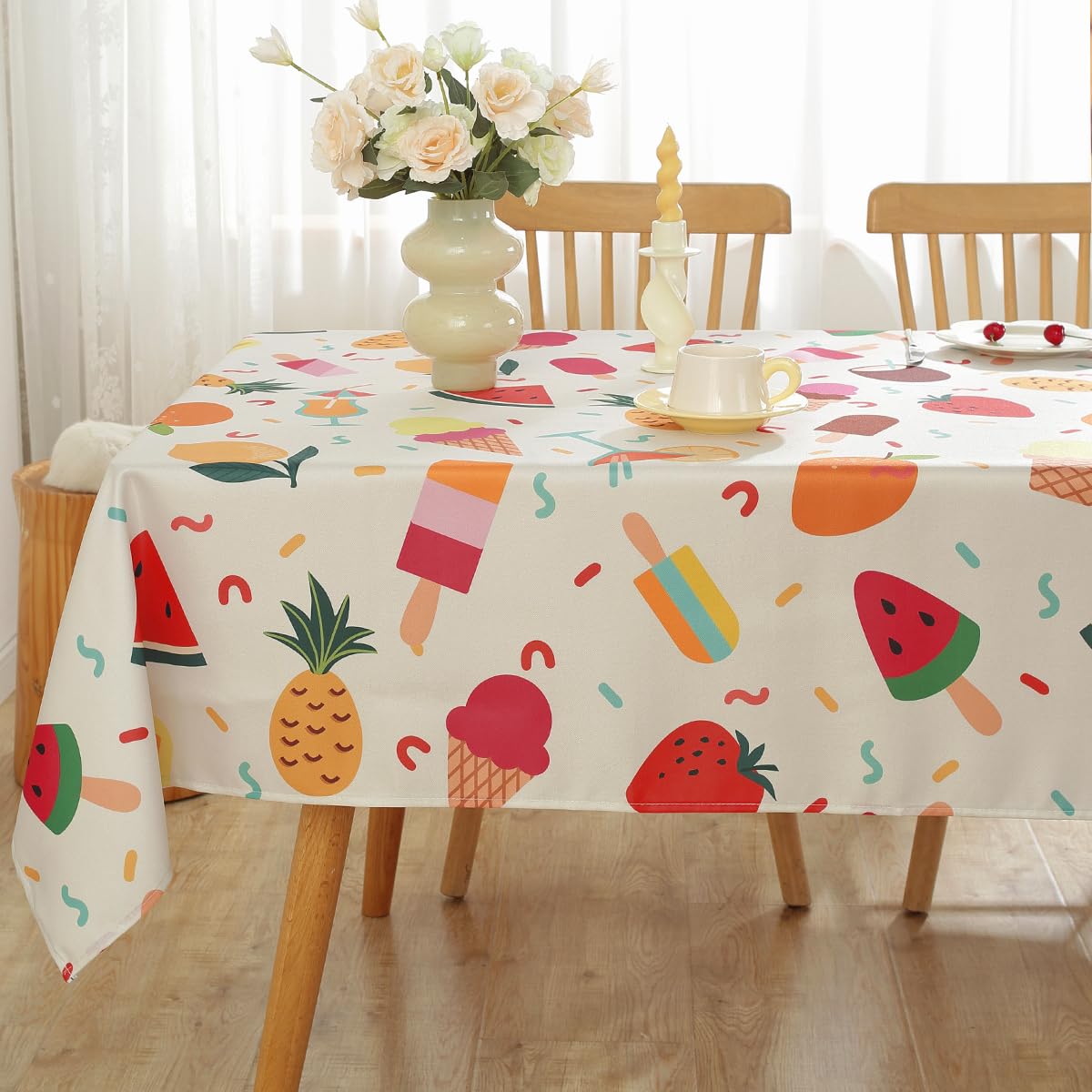 SASTYBALE Summer Tablecloth Rectangle 52 x 70 Inch, Lemon Ice Cream Pineapple Watermelon Strawberry Fruit Print Table Cloth, Spill Proof Polyester Table Cover for Dining, Party, Indoor, Outdoor