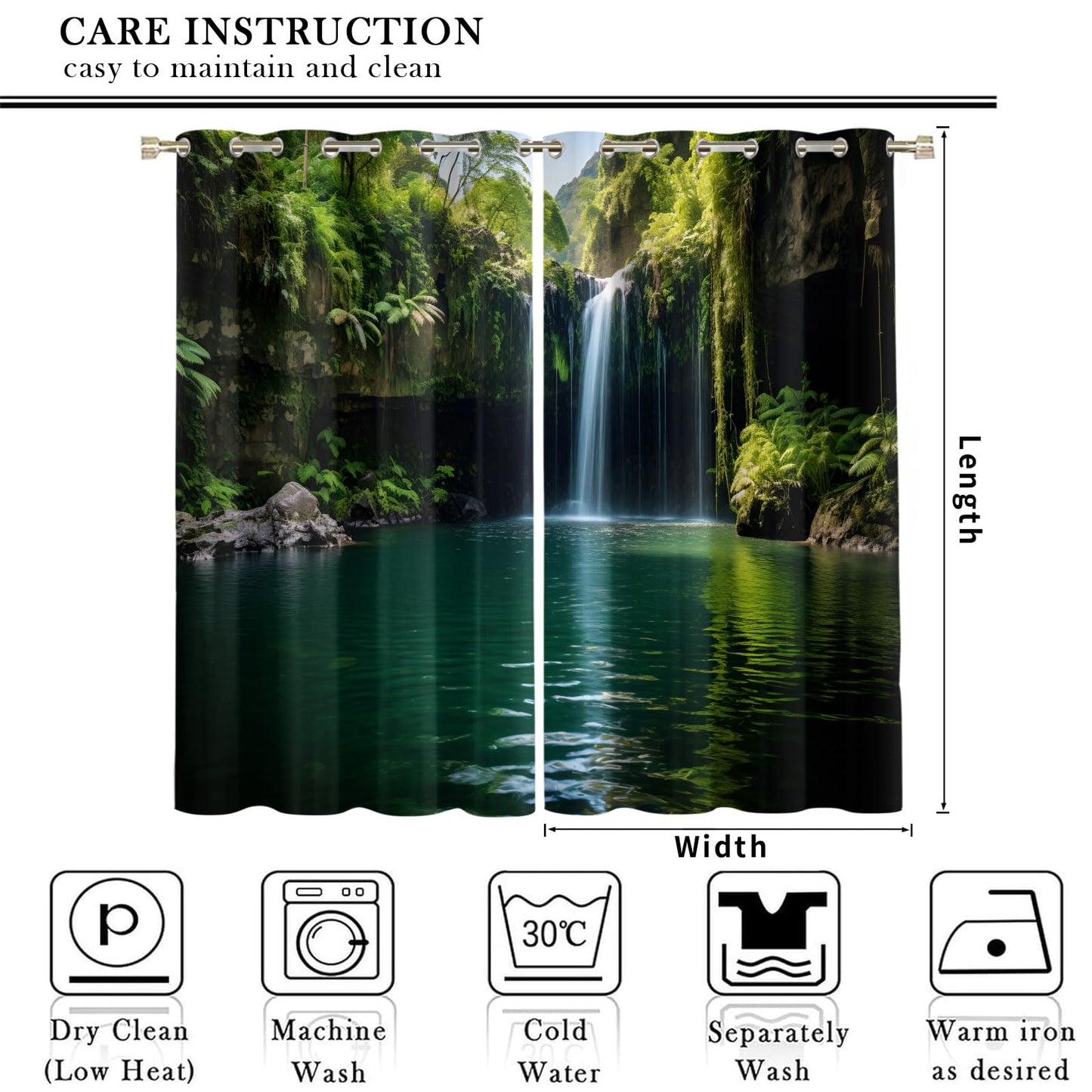 JAXIUOF Green Forest Curtains for Living Room 63 Inch Long 2 Panels, 3D Waterfall Blackout Curtains, Tropical Jungle Window Treatments for Living Room Bedroom Dining Room Office
