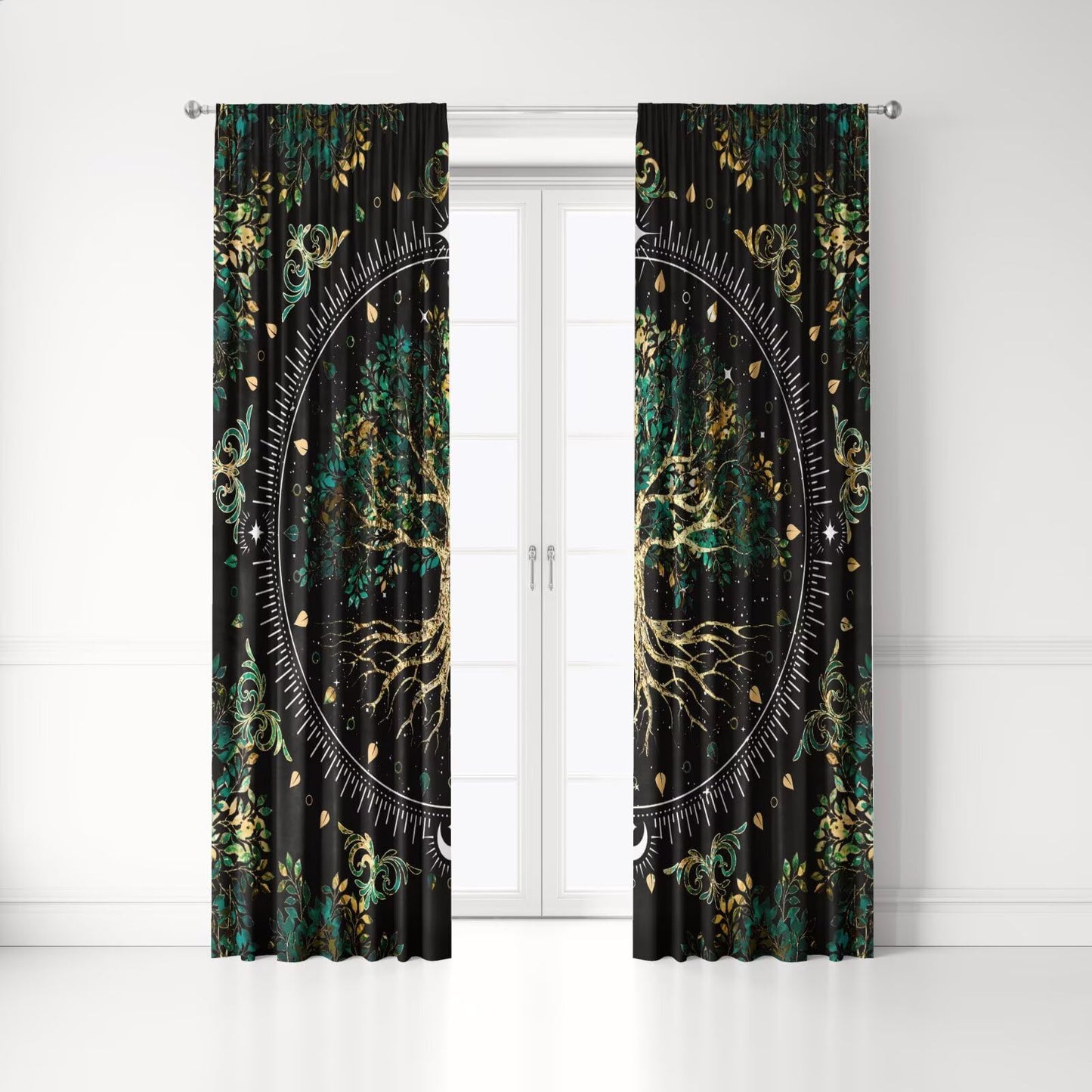 Life Tree Blackout Curtains for Bedroom, Mystic Green Gold Leaves Abstract Floral Pattern Aesthetic Decor Print Windows Treatments, Rod Pocket Drapes for Teen Room, 42 x 45 inch 2 Panels