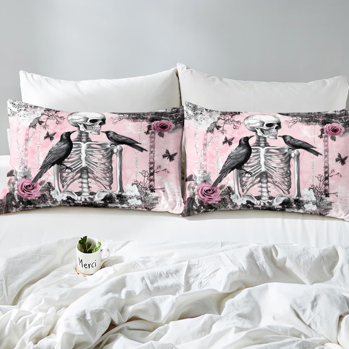 Erosebridal Gothic Crow Bed Sheets Set Full Raven Bird Flat Fitted Sheet Skull Skeleton Bones Bed Set for Kids Adult Women Men Bedroom Decor,Pink Halloween Horror Bedding Sets with 2 Pillow Cases