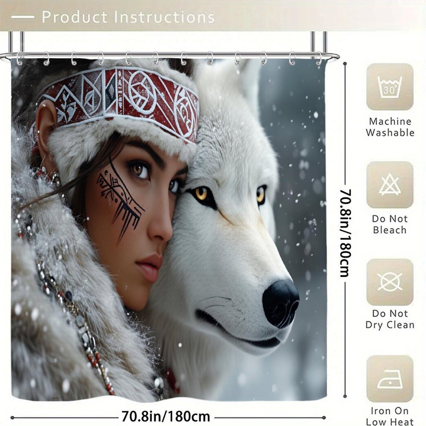 DGOGNFDNG Majestic Female Warrior & White Wolf with Glowing Eyes Shower Curtain 71x71 Inches Waterproof and Bright Fabric Shower Curtains Bathroom Toilet Accessories Decor