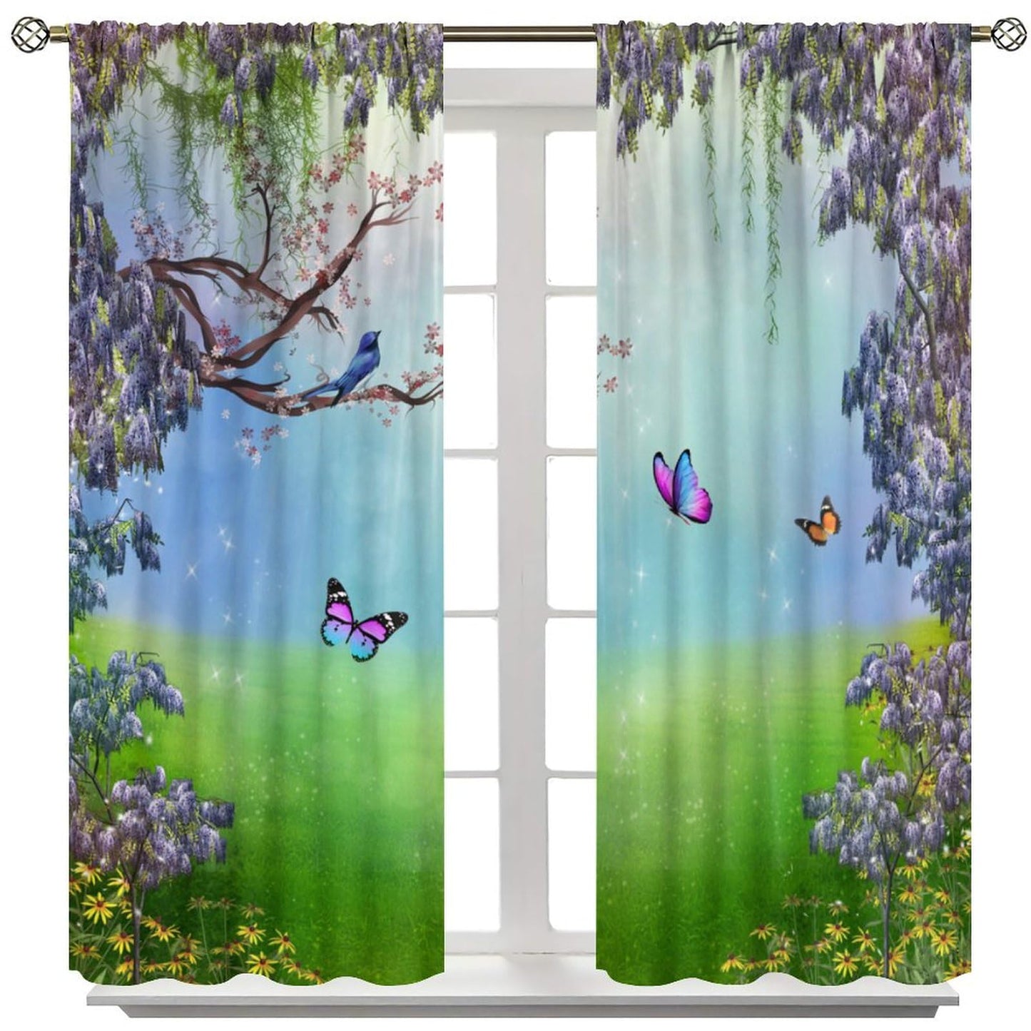 DDCBNS Fantasy Nature Windows Curtains,Magical Forest Plants Flower Window Treatments for Bedroom Living Room Dream Garden Butterfly Drapes 2 Panels Set,Total Size 42 x 45 Inch