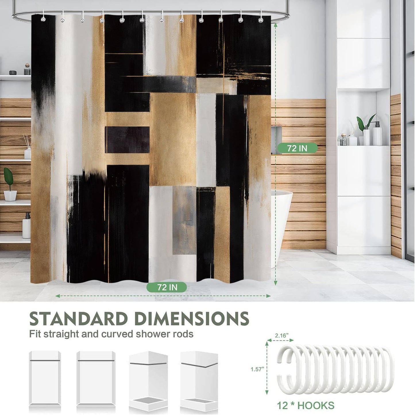 Emwnodti Black Gold Abstract Shower Curtain, Boho Modern Aesthetic Bathroom Decor with 12 Hooks, Waterproof Polyester Fabric Bath Curtain, 72x72 Inch