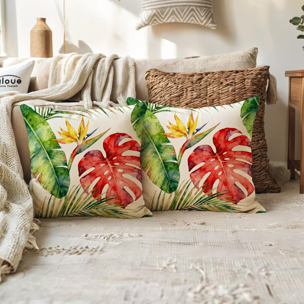 ULOVE LOVE YOURSELF Monstera Leaf Pillow Covers 2Pack Tropical Bird of Paradise Cushion Covers Botanical-Themed Decorative Pillowcases 18×18 Inch for Sofa Couch Porch Patio(Yellow/Red)