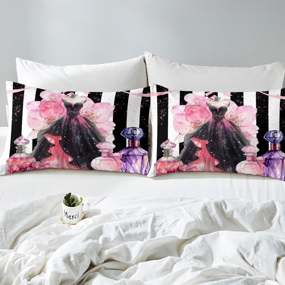 Erosebridal Girly Modern Fashion King Bed Sheets | Girls Women Coquette Dress Sheets Black and White Striped Flat Fitted Sheet Cute Coquette Bow Bed Sets